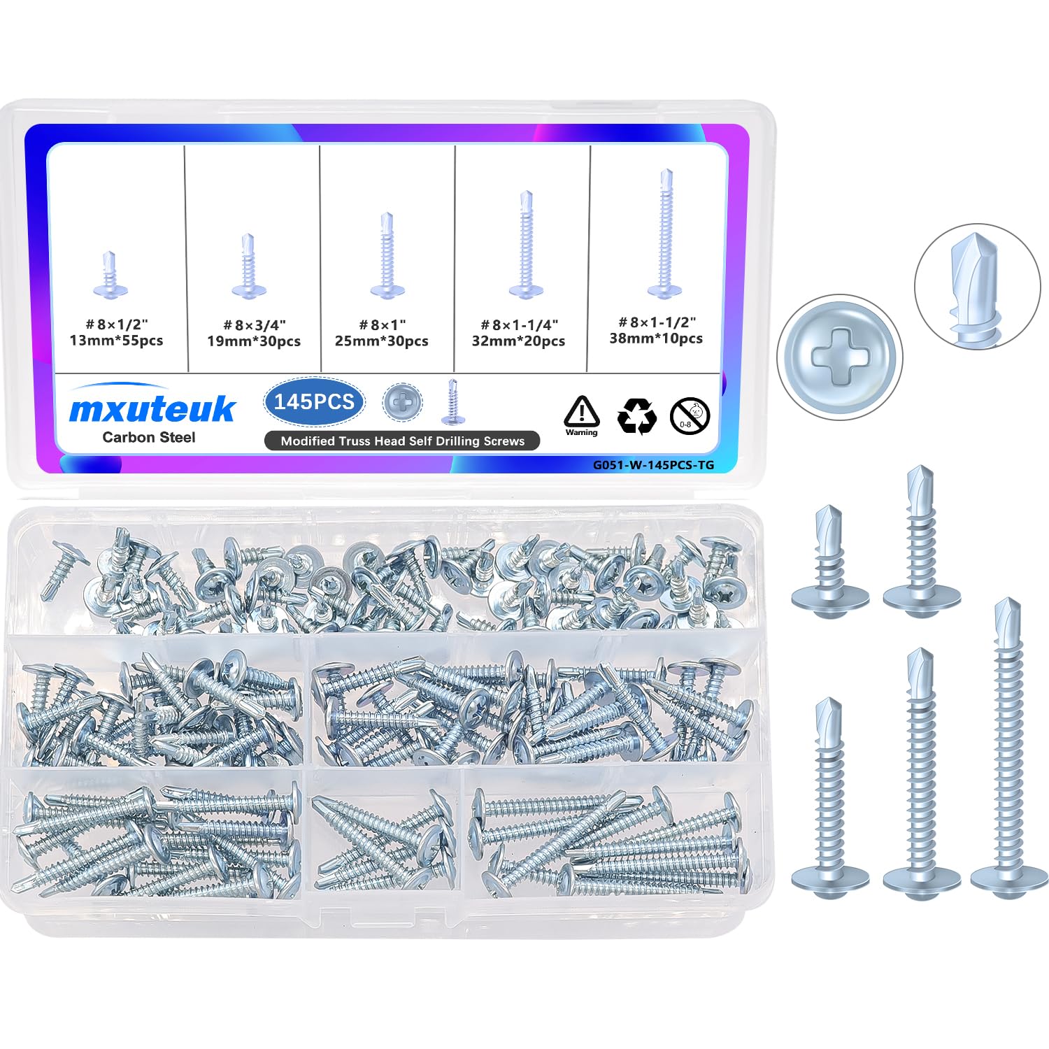 mxuteuk 145PCS #8 x1/2'' to 1-1/2" Self Tapping Screws for Metal Sheet Metal Screws for Building