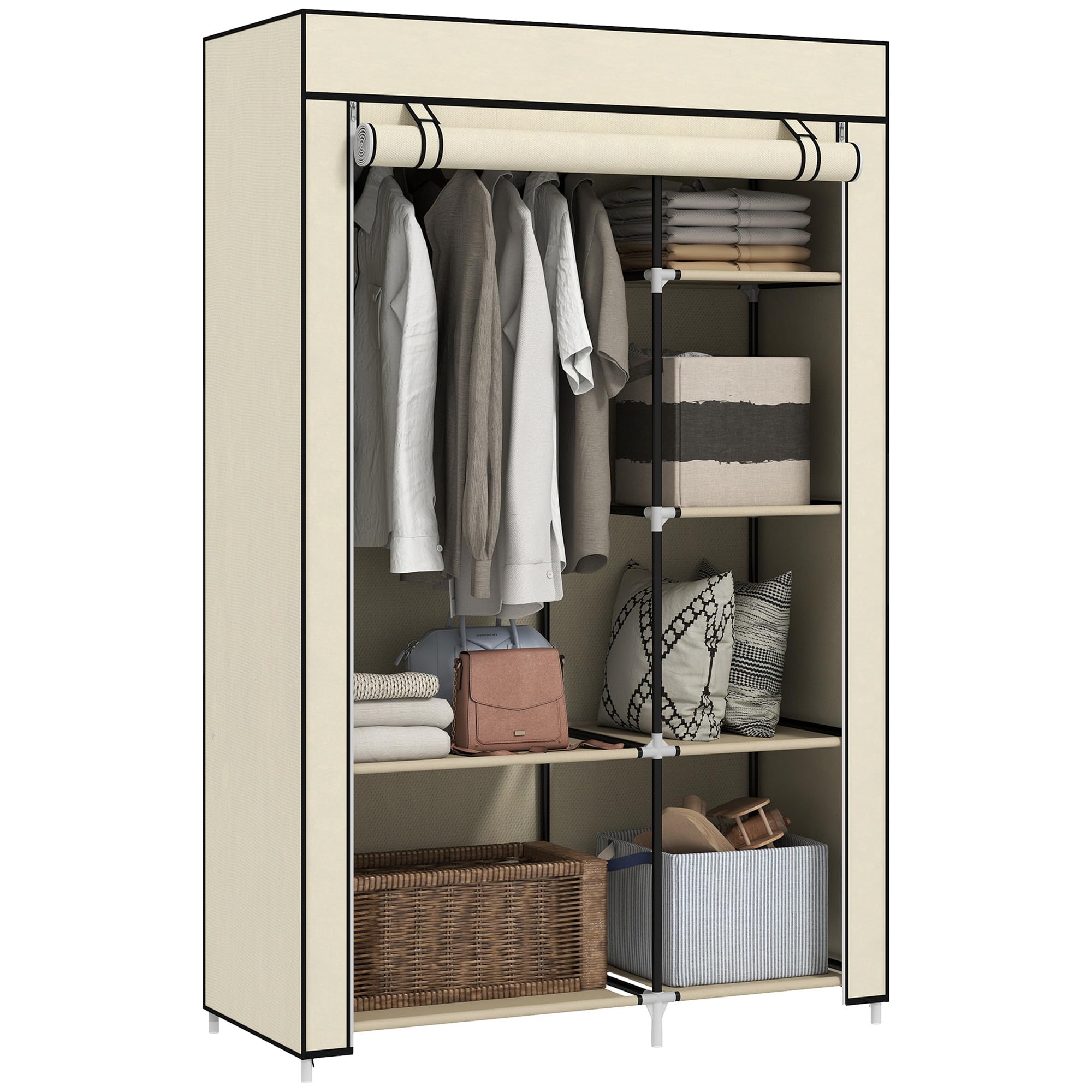 HOMCOM Fabric Wardrobe, Portable Wardrobe with 6 Shelves, 1 Hanging Rail, Foldable Closets, 103 x 43 x 162.5 cm, Cream White