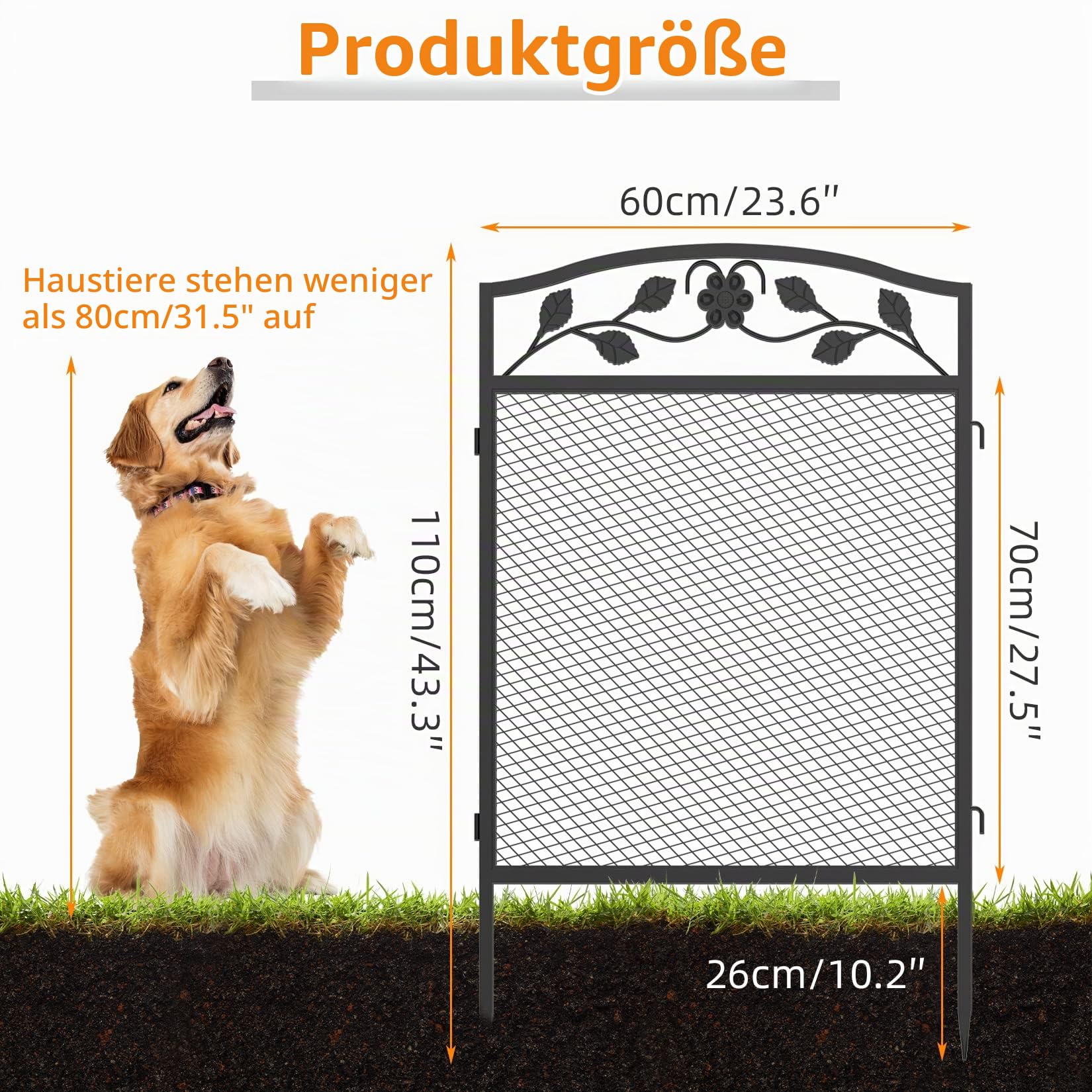 unho XXL Beetzaun aus Metall, Gartenzaun Beetumrandung 110cm hoch, schöner Dekozaun, mit Erdspießen, 5-teiliges Set, schwarz