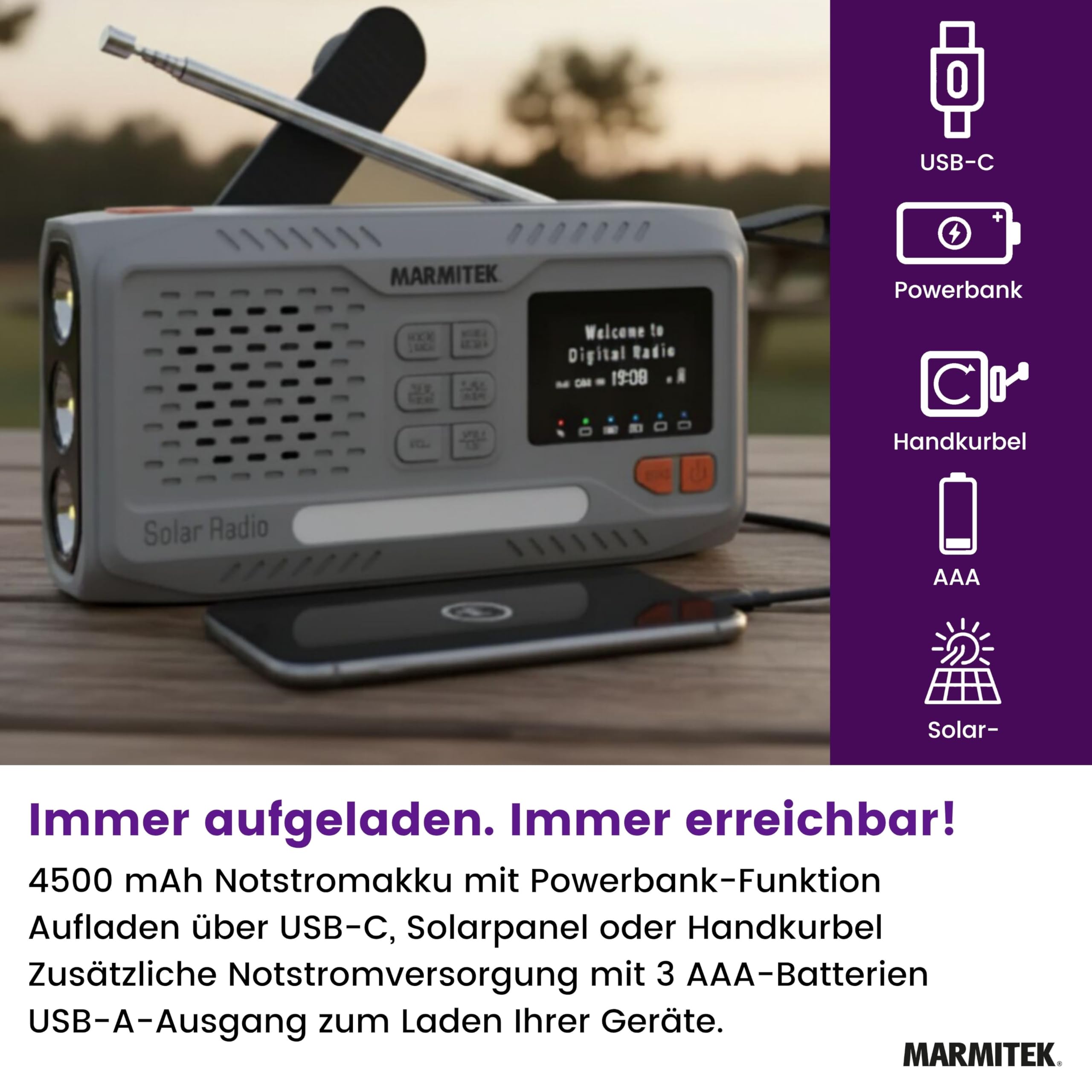 Marmitek RESQ 100 - Notfallradio DAB+/FM Solar Kurbelradio mit SOS USB-C | Powerbank 4500 mAh, Bluetooth 5.3, Farbdisplay, Taschenlampe, Leselicht, USB-C, IPX3, 3x AAA Backup für Blackout