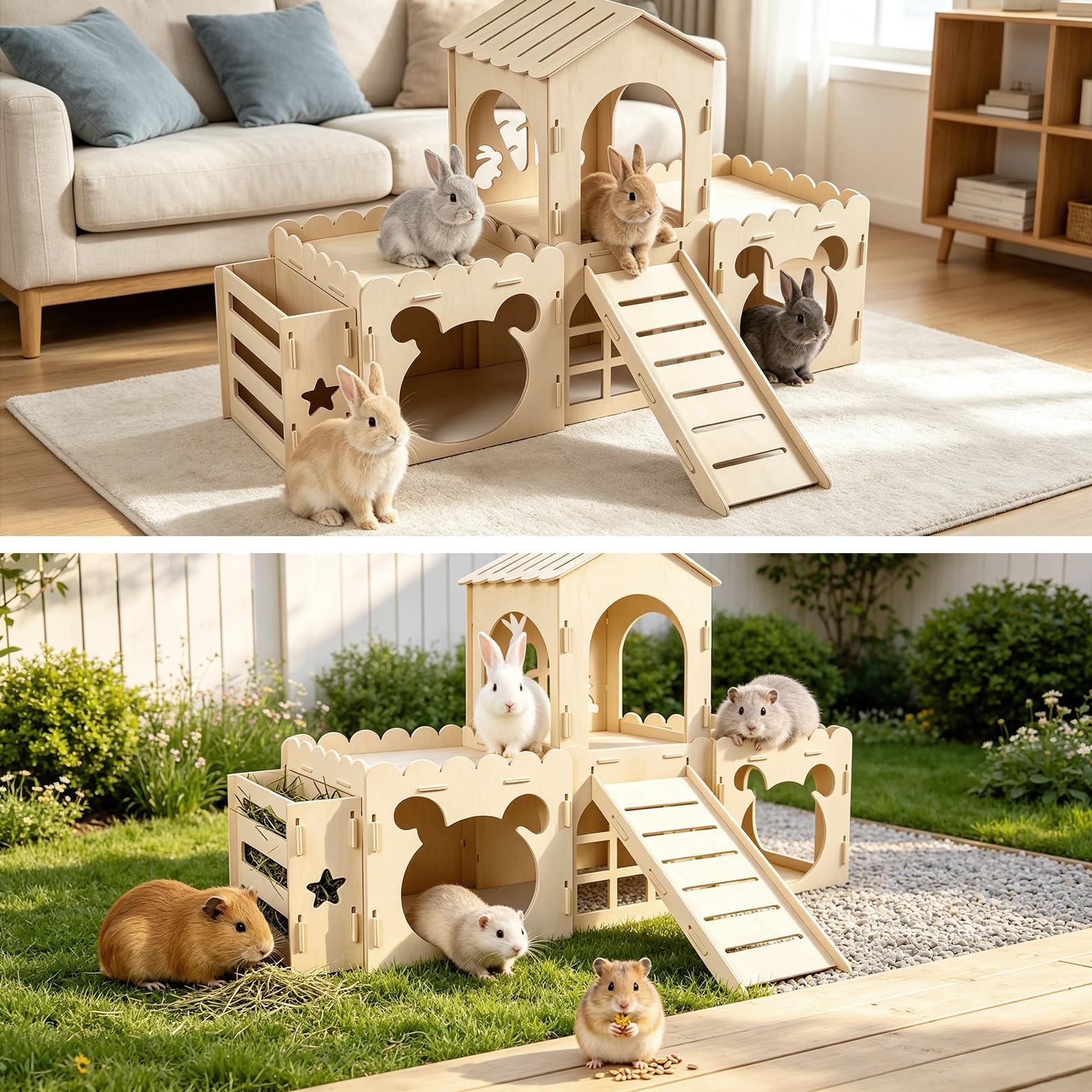 Maison château pour Lapins avec Rampe, Abri en Bois pour Lapins, Ventilée | Convient aux lapins, furets, cochons d'Inde et hamsters, Maisonnette d'intérieur amovible pour lapins