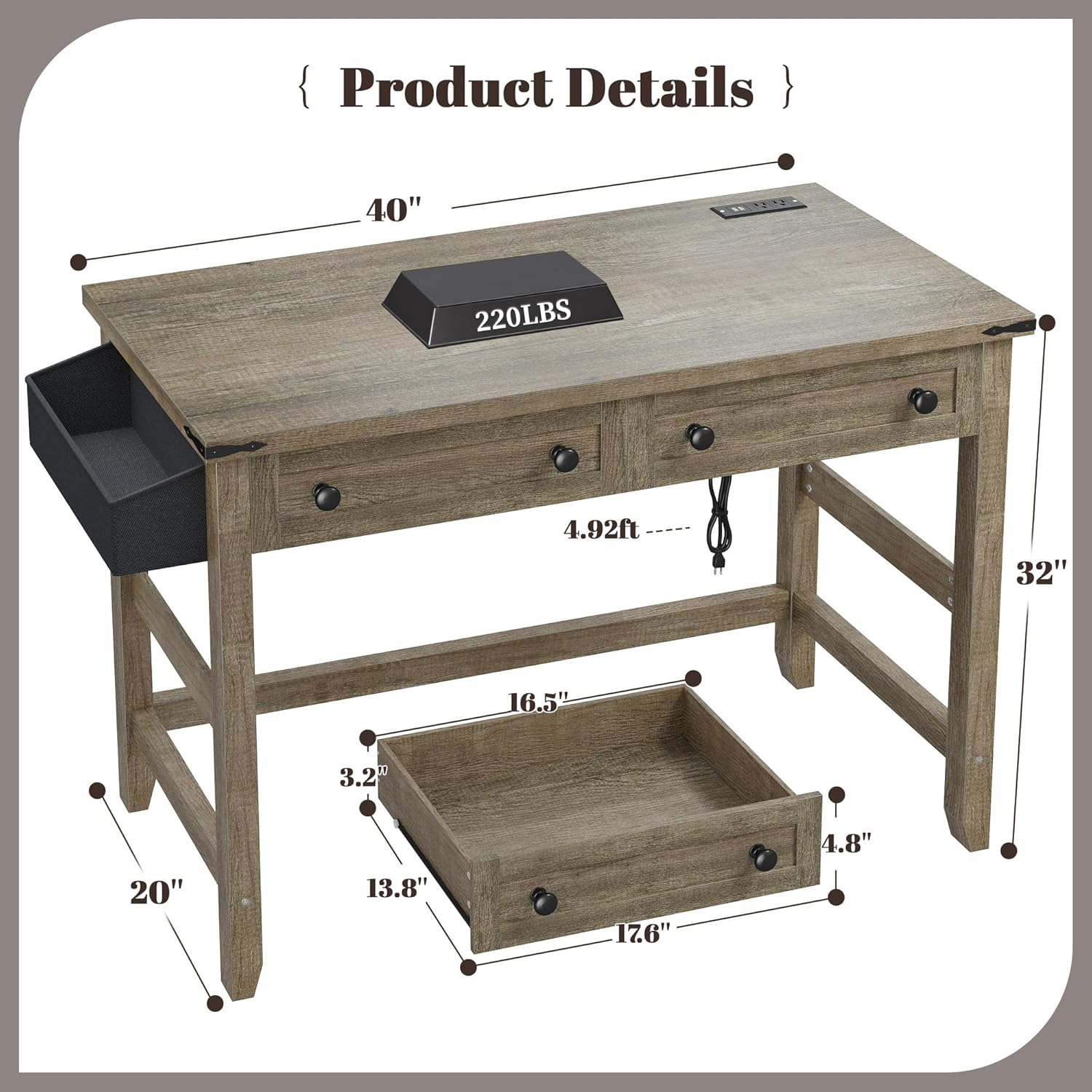 Detailed dimensions of the EnHomee 40-Inch Computer Desk, showing length, width, and height, along with drawer dimensions and weight capacity.