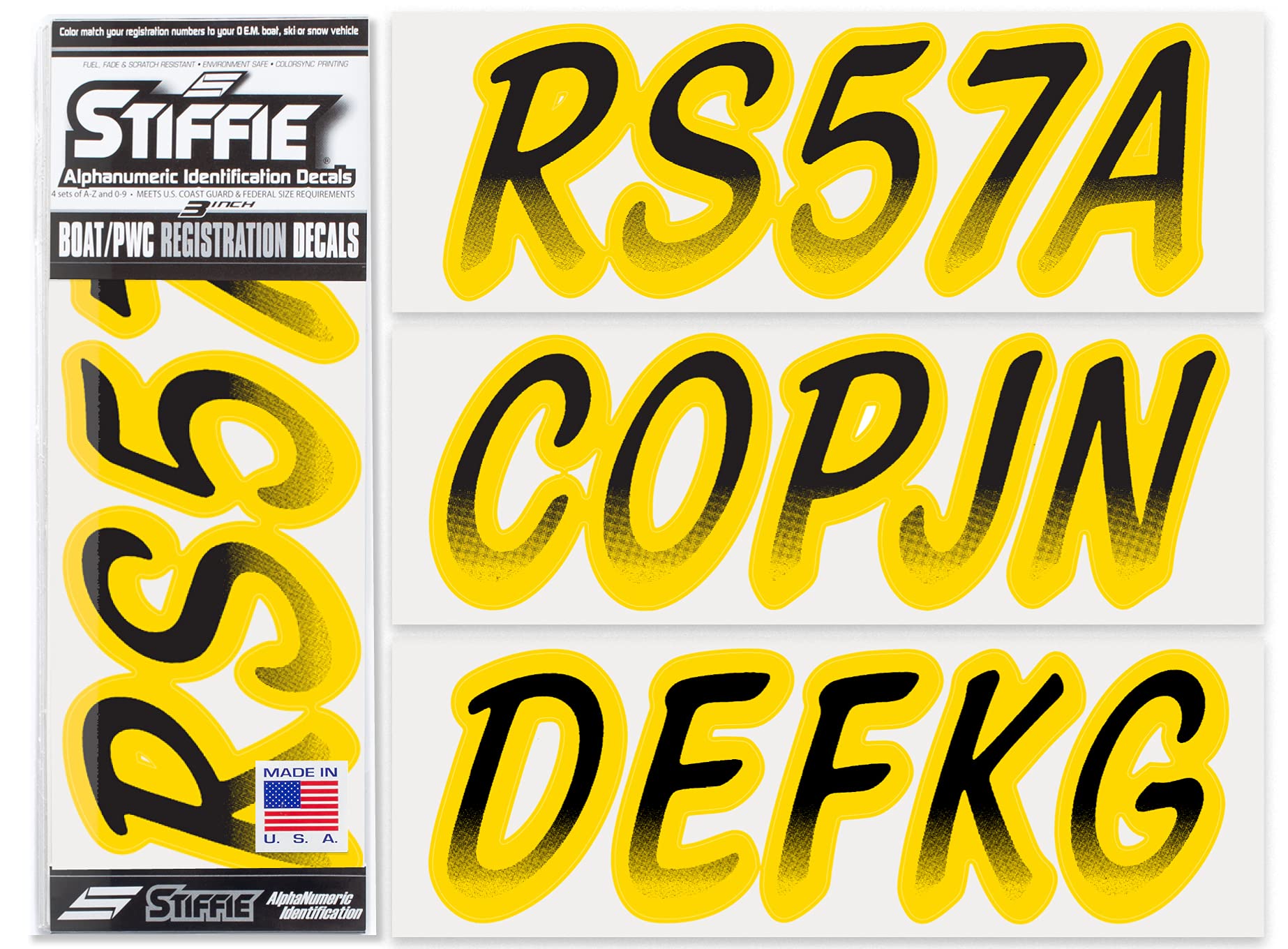 STIFFIE Whipline Black/Yellow 3" Boat &amp; PWC Registration Decals • Numbers Letters Stickers