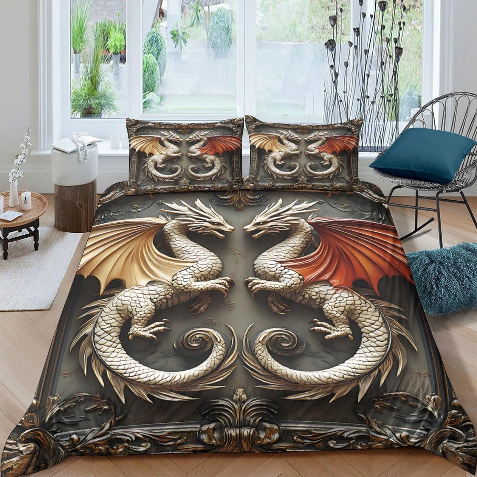 Ctjqhvkz Style-7 3D Printed Fantasy Dragon Fitted Sheet Microfiber Bedroom Decor Medieval Art Bed Cover For Home Guest Room Single（135X200cm）