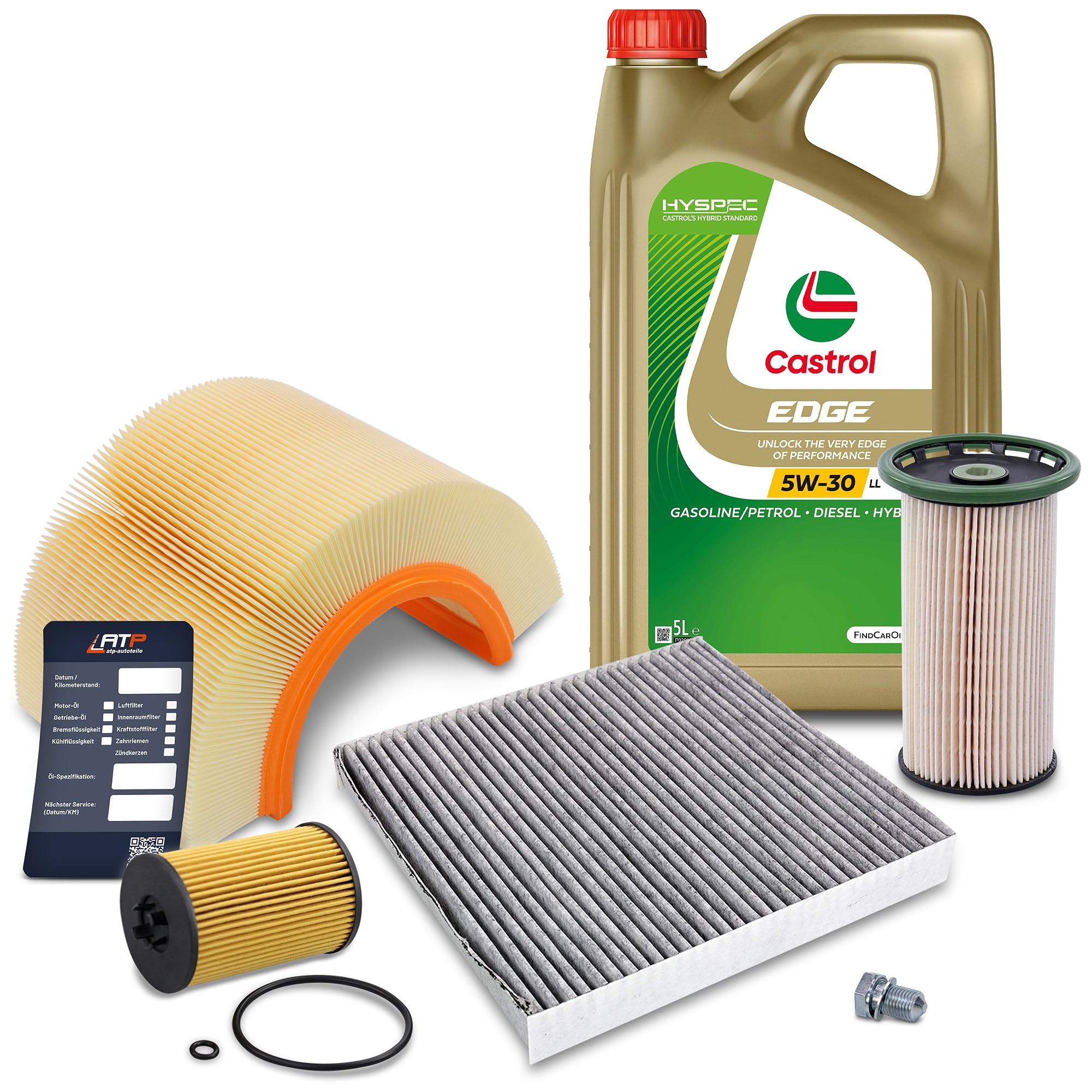 BESTPRICE Inspektionspaket Filterset mit 1x Ölfilter, 1x Kraftstofffilter, 1x Innenraumfilter (Aktivkohle), 1x Luftfilter, 1x Ölablassschraube mit Dichtung, 1x Motoröl 5W-30 LL Edge Titanium 5 l,