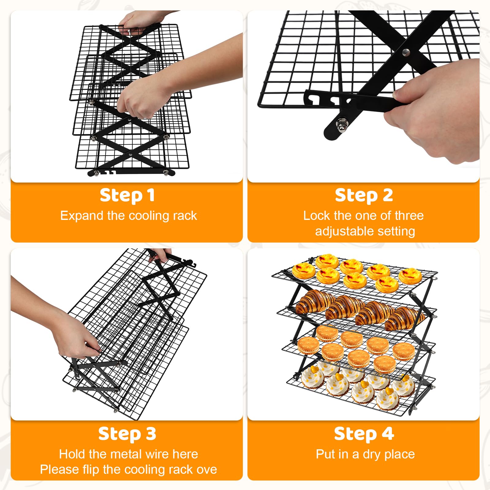4 Plantas Rejilla para Enfriar Pasteles, Apilable Rejilla para Horno | Plegable Rejilla para Enfriar Repostería, Reutilizable Cooling Rack para Asar, Hornear, Parrilla, Enfriar y Refrigerar