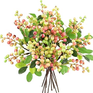 FiveSeasonStuff Artificial Fruit Holly Berries Decoration with Soft Bendable Stems for Vases, Bouquets and Floral Arrangements 10 Stem Twigs Subtle Pink