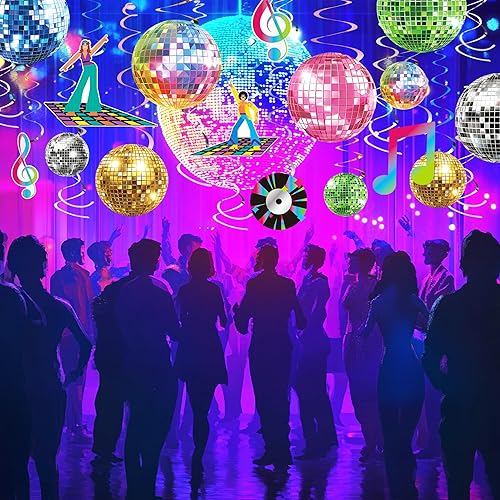 Miniatura 8 de 52 decoraciones de remolino retro de la bola de discoteca de los años 70 para fiestas temáticas de discotecas, suministros de decoración de fiesta
