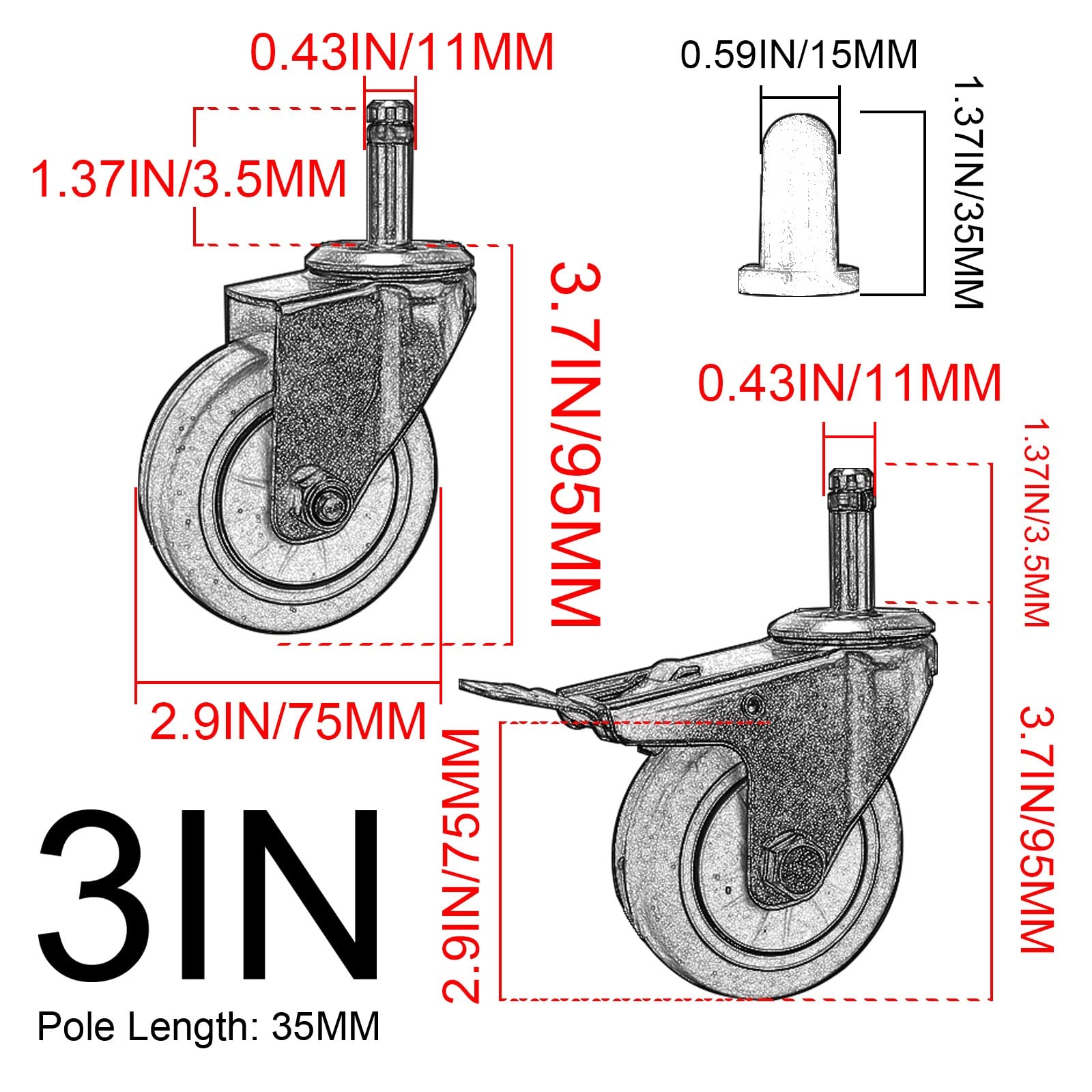 WORDFUN Rollen Mit Gewindestift M11 4 Stück, Vorbau Lenkrollen Mit Bremse, Möbelrolle Aus Gummi Keine Spuren & Leise, Für Restaurant Hotel Schul Servierwagen, Tragfähigkeit 30KG Pro Rolle