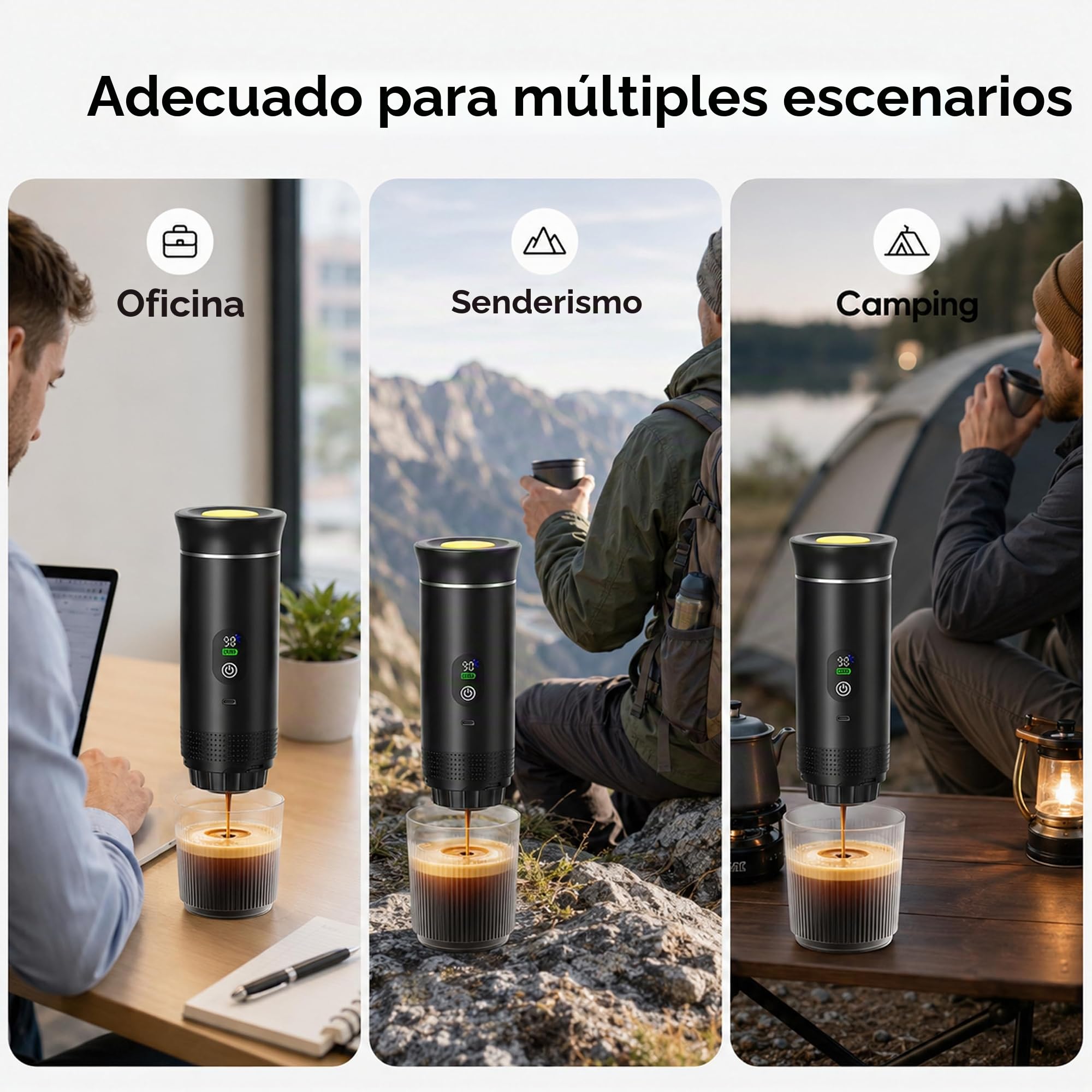 Cafetera portátil eléctrica con pantalla digital, cafetera de viaje compacta, negro