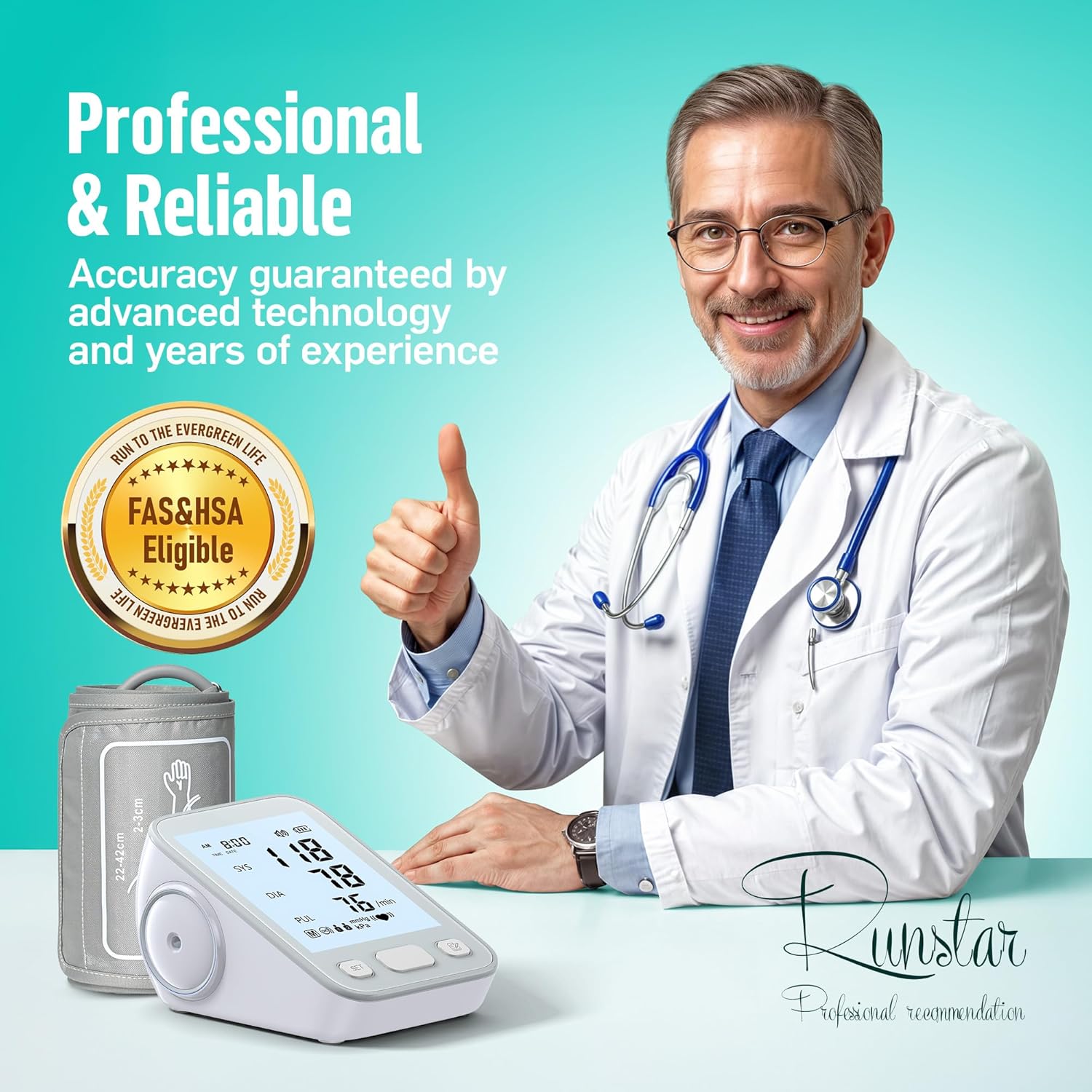 RunStar Upper Arm Blood Pressure Monitor with Wide Range Cuff (8.6'' - 16.5'') for Home Use FSA&HSA Eligible, Automatic Digital BP Machine with Storage Bag, 2x99 Reading Memory, Grey