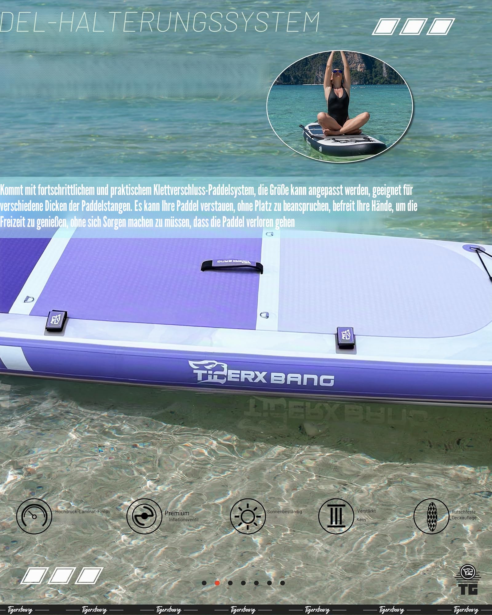 TIGERXBANG aufblasbares Paddleboard 320x82x15cm, UV-geschütztes SUP Lila mit Gradient, Sitz, verstellbares Paddel und komplettes Zubehör, stabiles Allround-Design