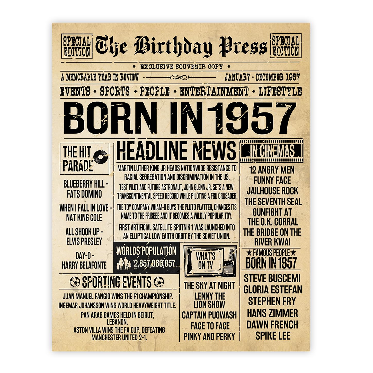 Stuff4 Women's 1957 69Th Birthday Poster Unframed - Born In Vintage Newspaper - Happy 69Th Birthday Gifts For Men Retro Back In 8X10 Inch Decor Decoration Bday Party