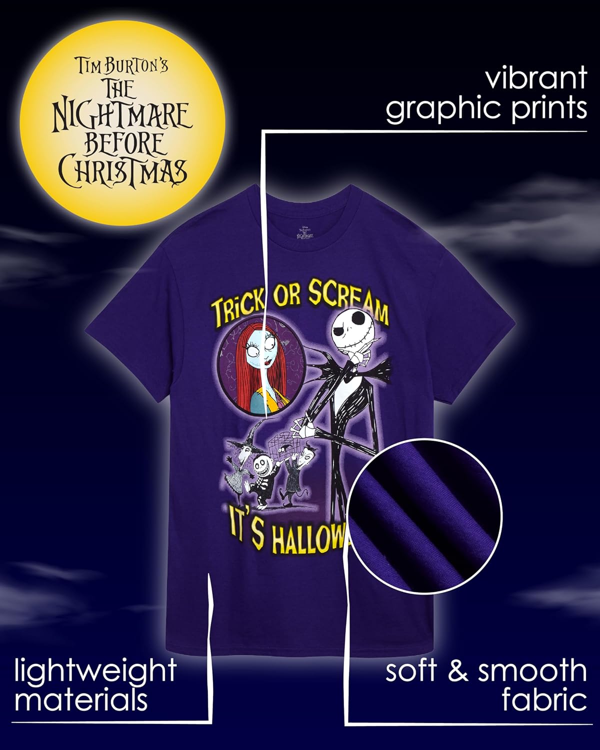 Disney Mens T Shirts - Nightmare Before Christmas Jack Sally Short Sleeve Crewneck Graphic T Shirts for Men (Sizes: S-XL)