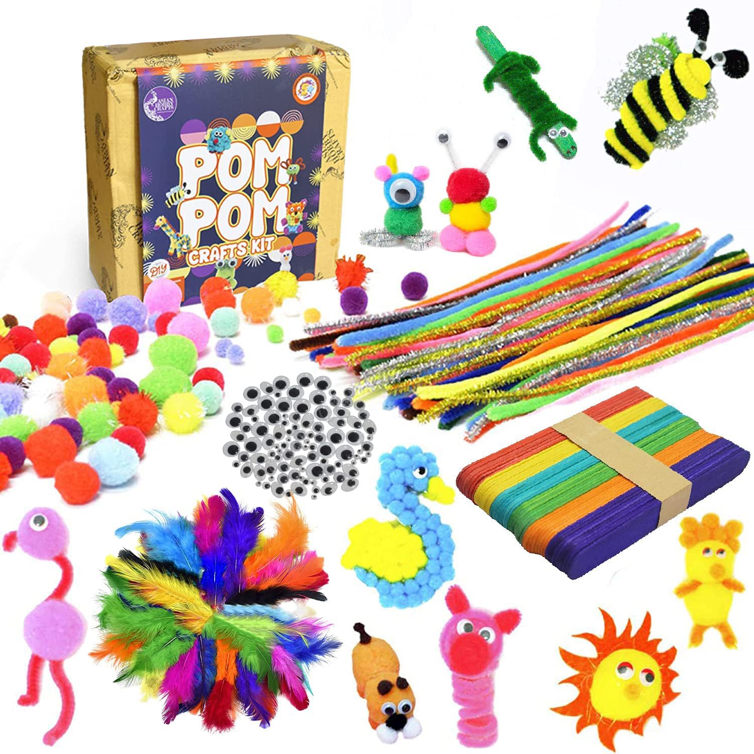 Asian Hobby Crafts Kids Pom Pom Crafts Kit with 50X Pipe Cleaners,Googly Eyes,Pompom Balls,Ice Cream Sticks,Color Feathers for DIY Art&Crafts Projects (B07NL871NC) Amazon Price History, Amazon Price Tracker