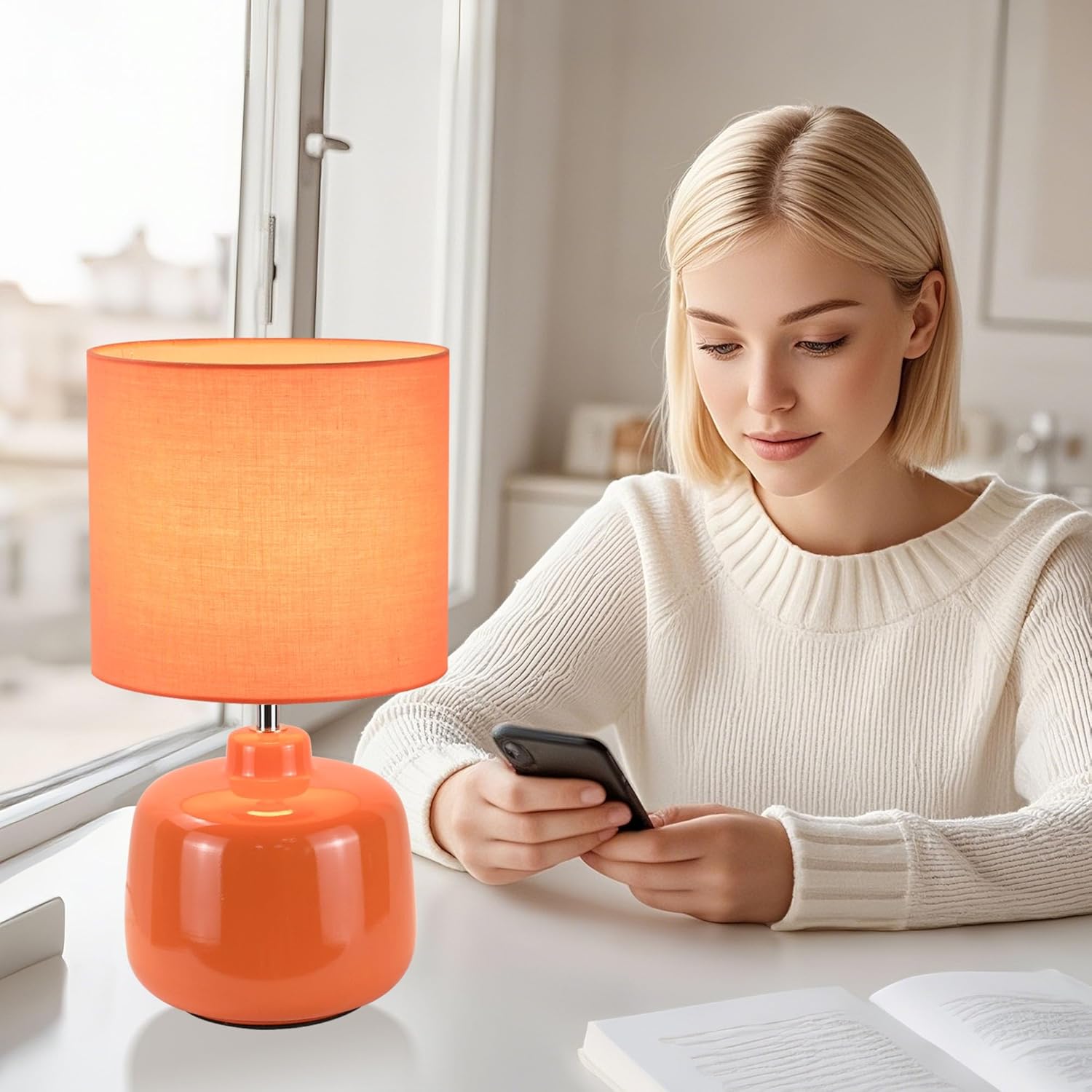 LAMPWELL Oslo Small Ceramic Table Lamp for Living Room and Bedroom,Modern Kids Night Table Lamp,Φ7.09×H13.39IN,Bulb Excluded,Orange