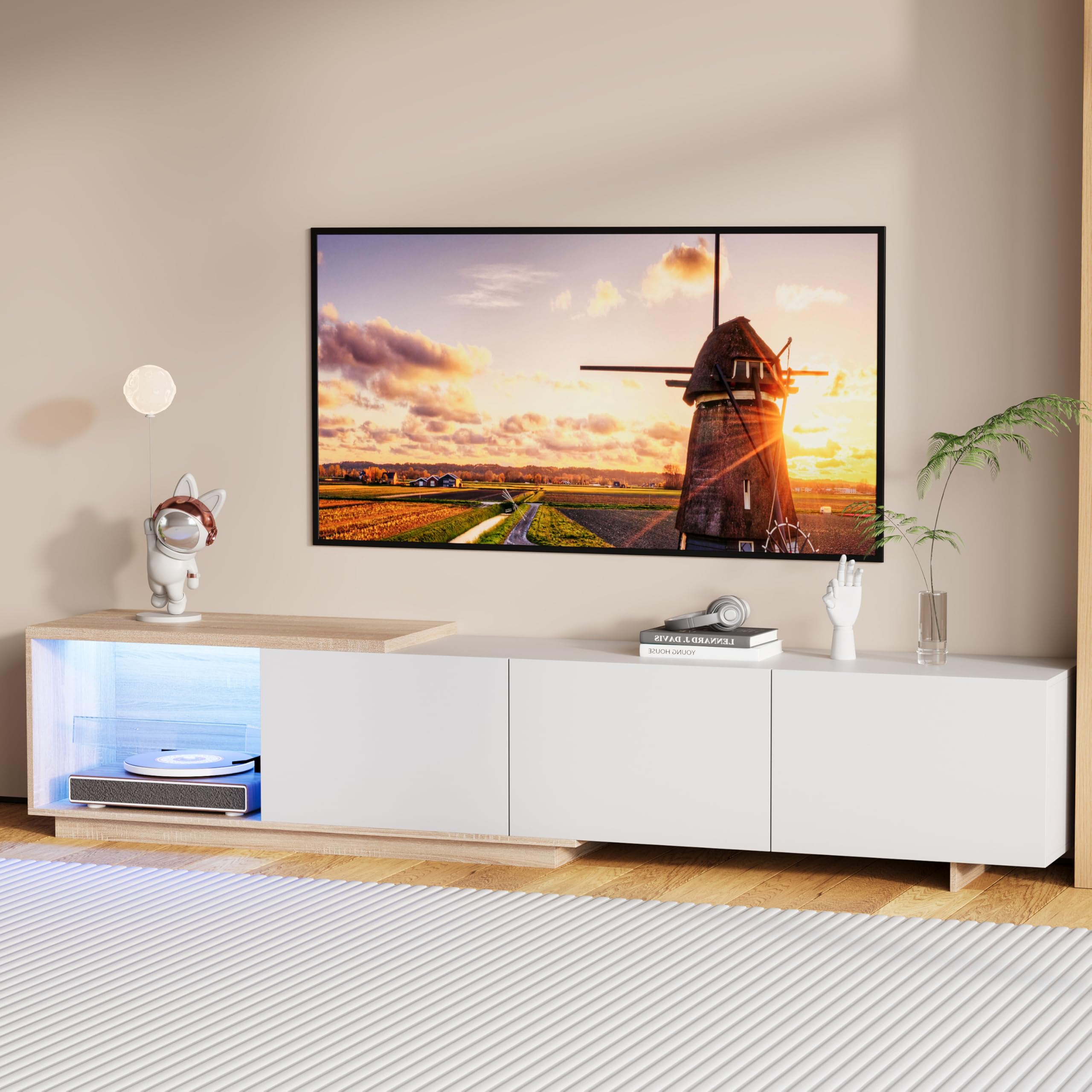 Szafka pod telewizor LED 240 cm, szafka pod telewizor, ławka telewizyjna, meble do salonu, nowoczesna drewniana ławka telewizyjna z 3 szufladami, niska szafka do salonu, meble do salonu (biały-2)