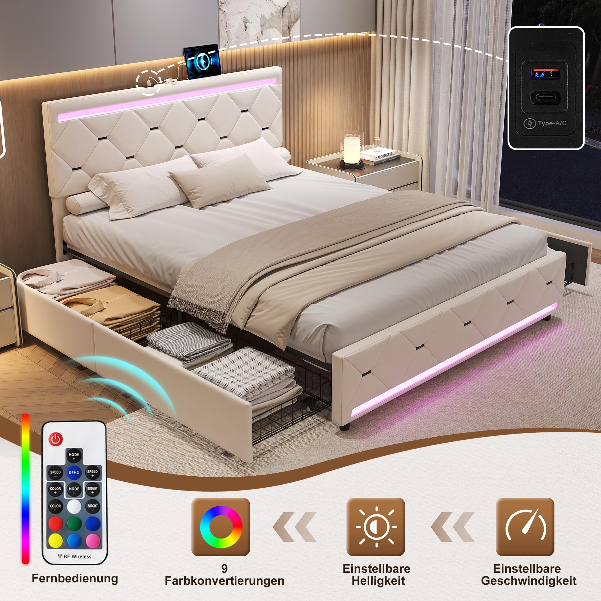 Letto Matrimoniale 160x200 cm, Letto Imbottito con 4 Cassetti, USB e LED, Struttura Letto con Rete a Doghe, Rivestimento in Velluto, Beige, Materasso Non Inclus