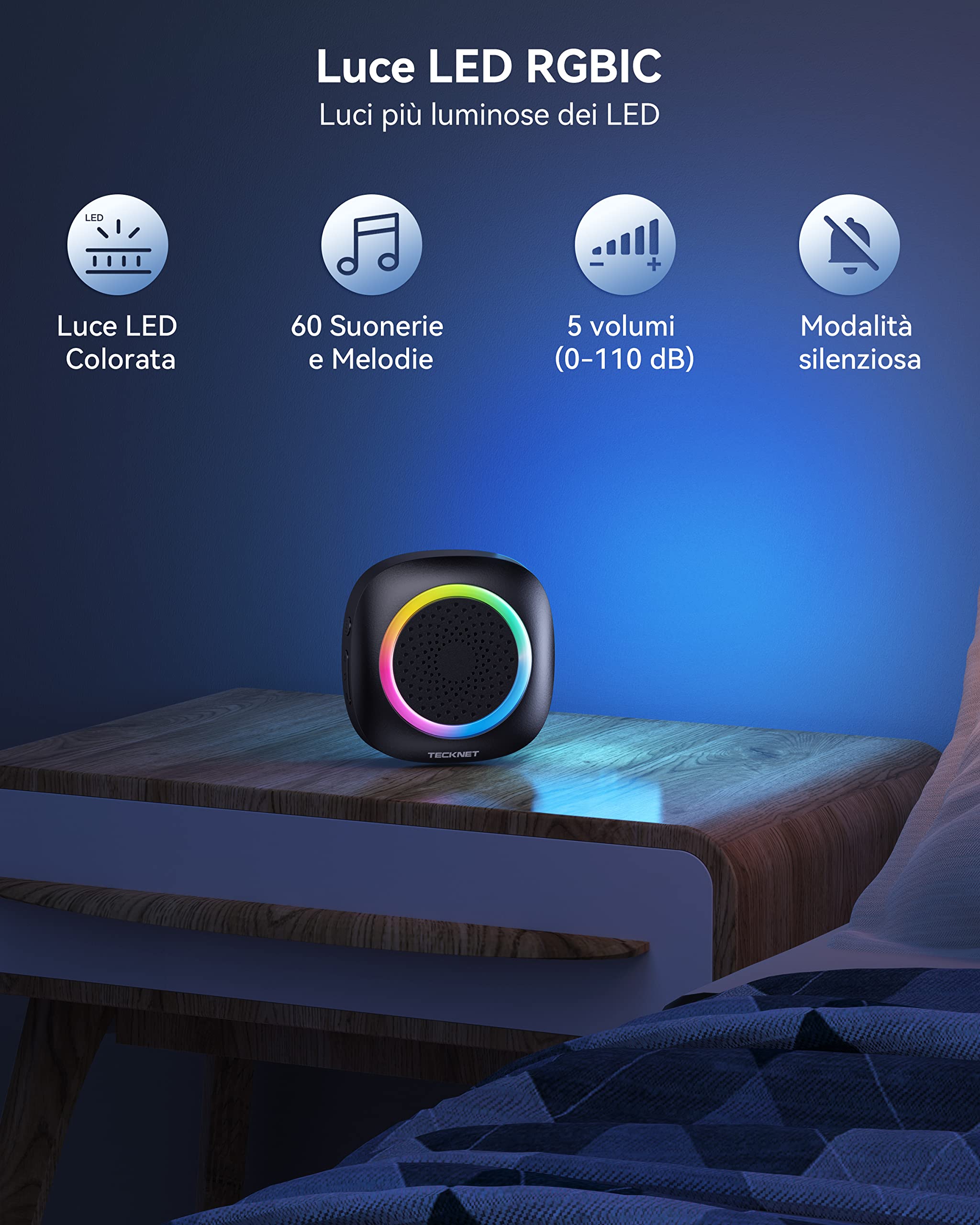 Tecknet Campanello Senza Fili da Esterno, Campanello Wireless IP66 Impermeabile con RGB Indicatori 400M Operativo Portata, 60 Suonerie, 5 Volumi Selezionabili,(1xTrasmettitore e 3x Ricevitore)