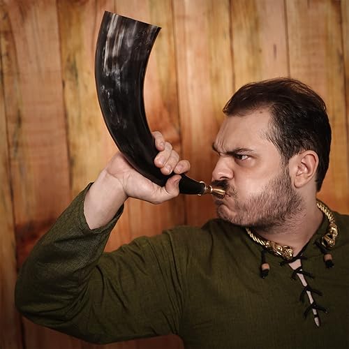 Miniatura 7 de Lord of Battles Cuerno de guerra vikingo, cuerno de soplado medieval con boquilla de latón macizo, cuerno genuino corneta