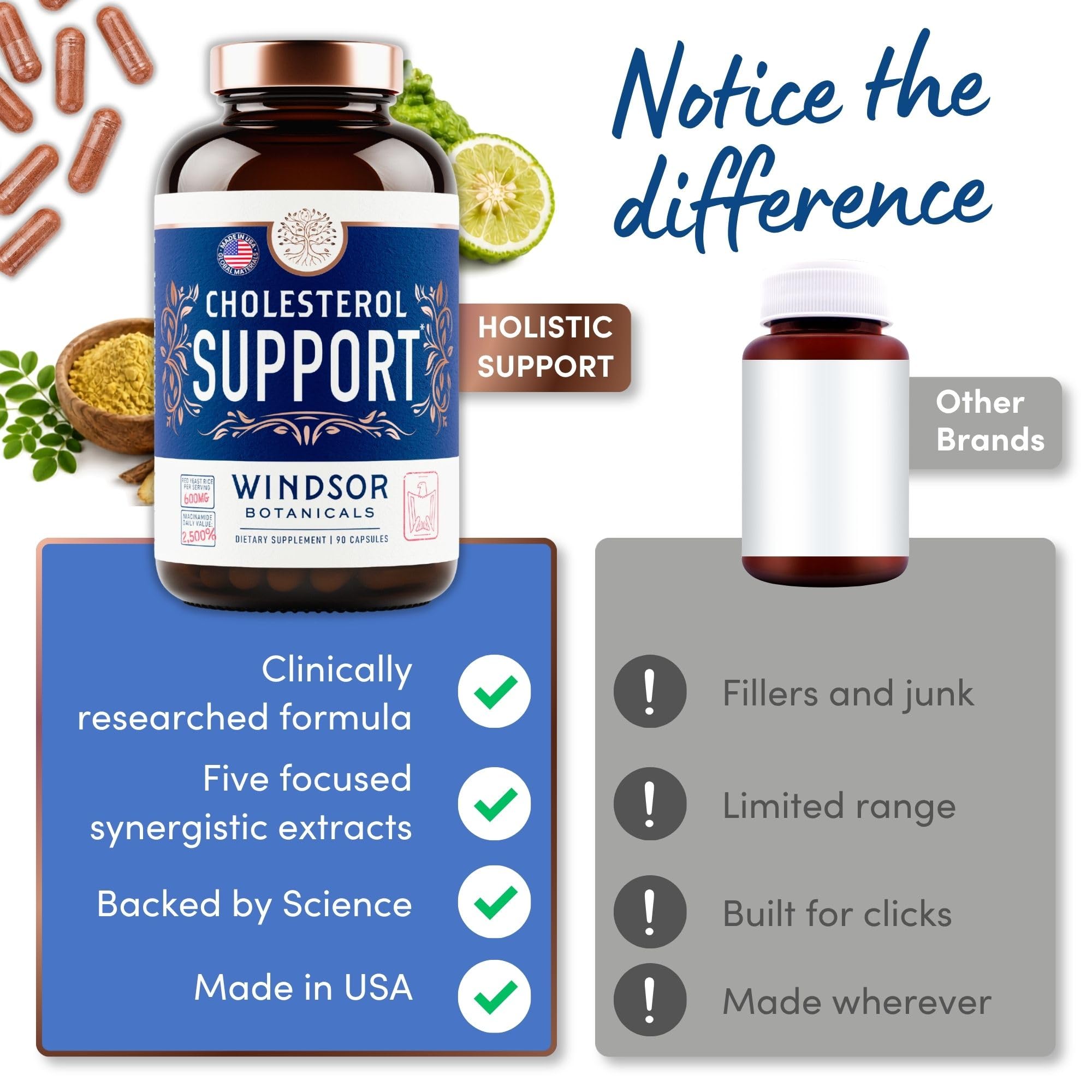 WINDSOR BOTANICALS Cholesterol Supplements - Citrus Bergamot, Niacin, Red Yeast Rice, Berberine, Aronia Berry Extract to Support Normal HDL and LDL Cholesterol Levels - 90 Vegan, Non-GMO Capsules — Amazon image 7