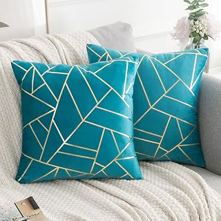 Cushion Covers Teal Velvet Sofa Cushion Gold Throw Pillow Covers 16 x 16 Inch Geometric Modern Cushion case for Bed Living Rooms Sofa Couch Car Decor Home Hotel Pack of 2