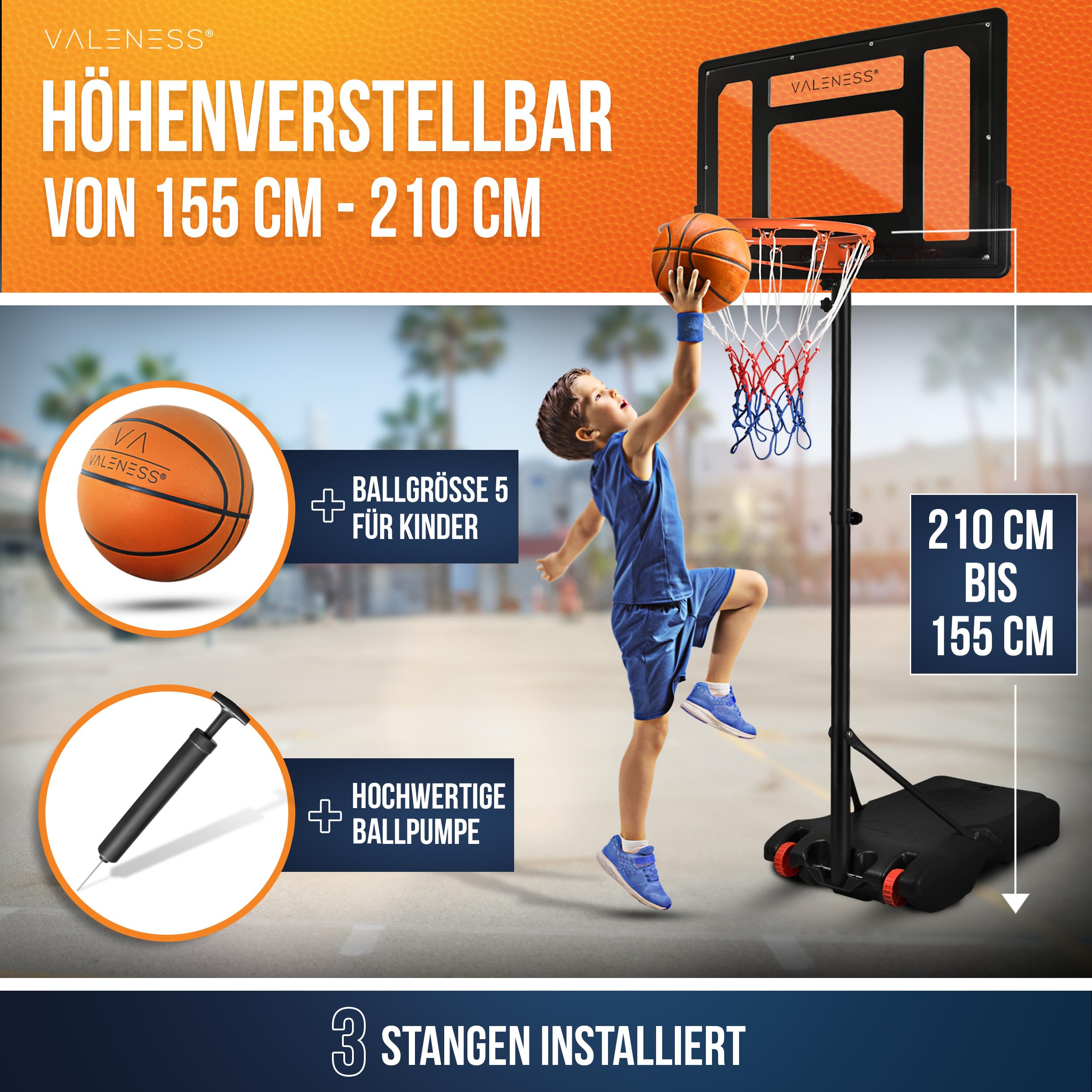 VALENESS Basketballkorb Outdoor Höhenverstellbar Wetterfest Profi Korb mit Basketball und Pumpe