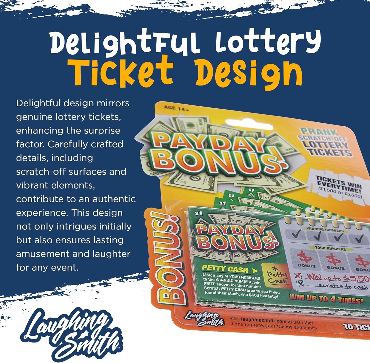 Laughing Smith 10 x Payday Bonus Prank Lottery Ticket - Fake Lottery Tickets and Prank Gag Scratch Off Cards - Hilarious Fake Scratch Tickets - Funny Party Gifts & Gag Birthday Pranks for Men & Women