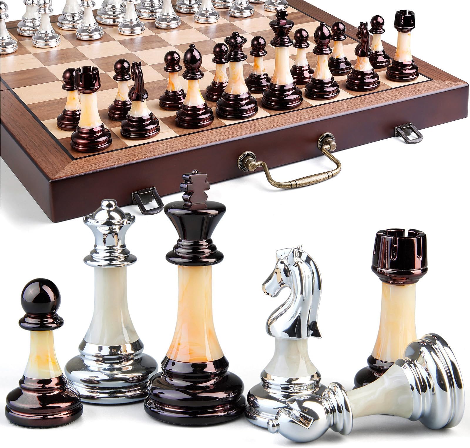 Deluxe Chess Set 16.5'' Wooden Large Folding Chess Board Game with Handle, Weighted Acrylic Chess Pieces - 3.5" King with Storage Slots for Beginners, Professional Players