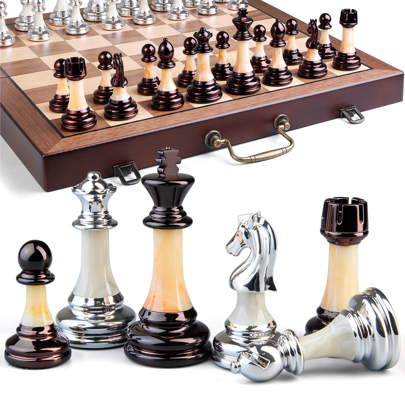 Deluxe Chess Set 16.5'' Wooden Large Folding Chess Board Game with Handle, Weighted Acrylic Chess Pieces - 3.5" King with Storage Slots for Beginners, Professional Players