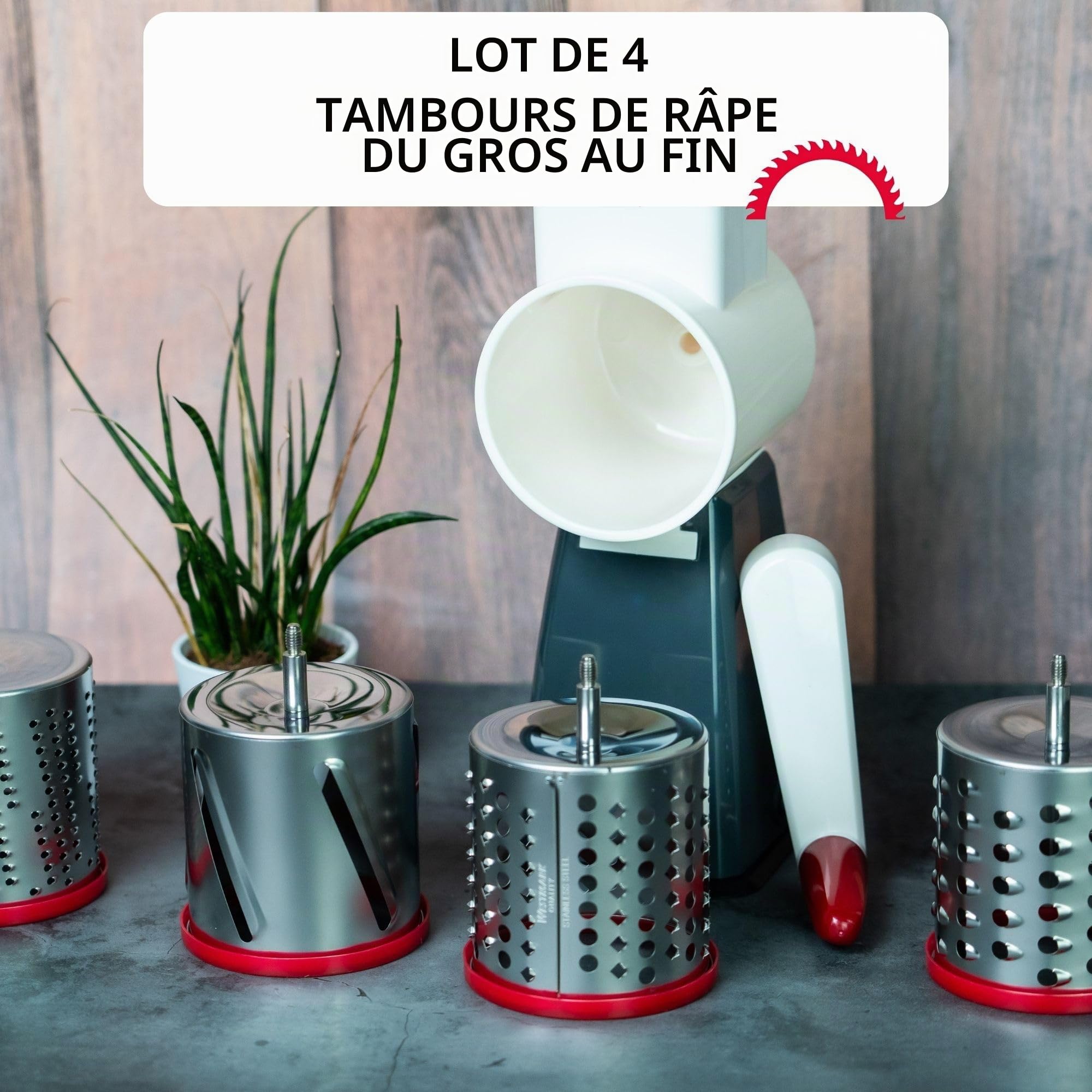 Westmark Râpe à Tambour avec 4 Trémies de Coupe, Râpe/rabot à Tambour, hauteur : 28 cm, Plastique/acier inoxydable, blanc/rouge/argent/noir, 97602260