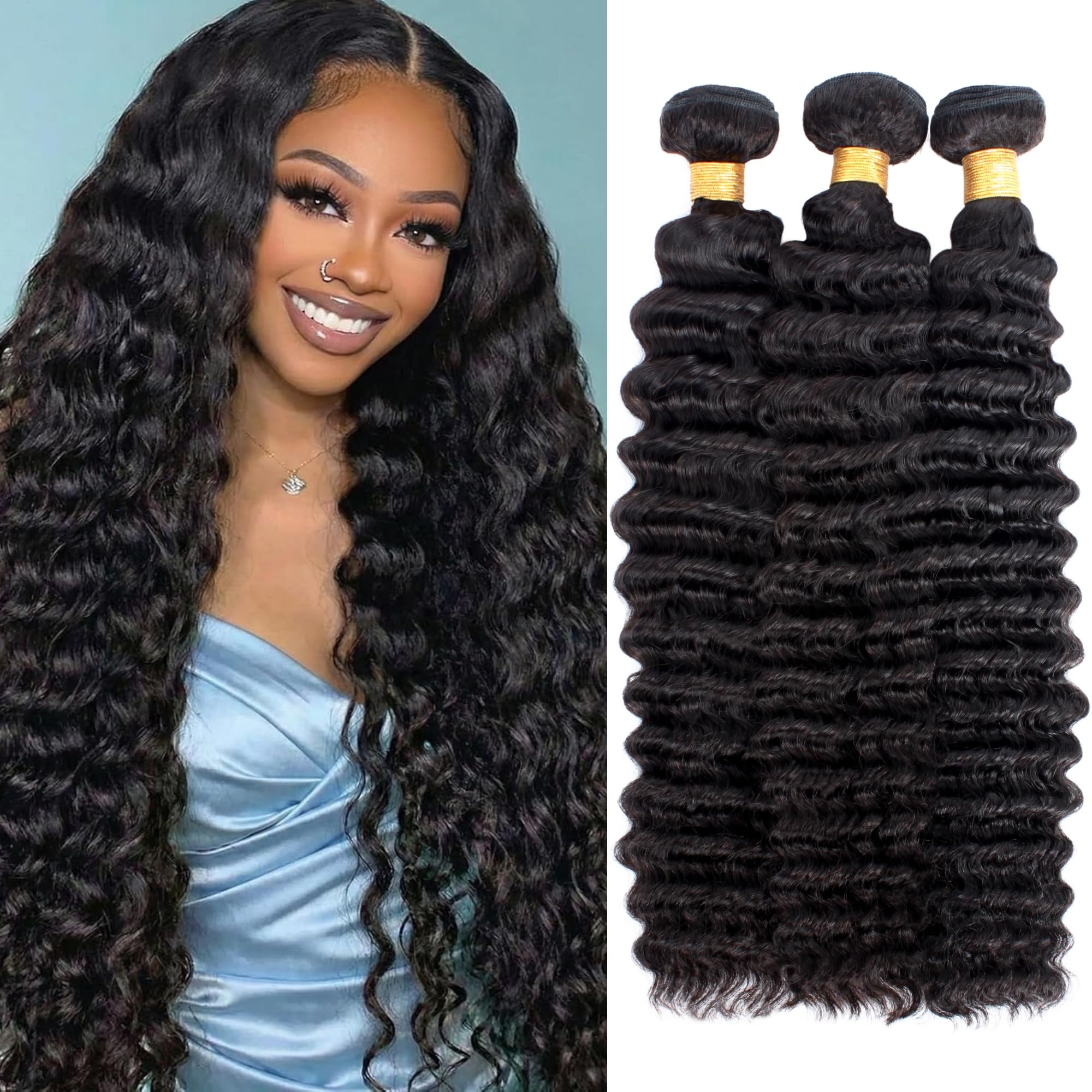 15A Human Hair Bundles 22 24 26 Inch Deep Wave Bundles Human Hair 100% Unprocessed Brazilian Virgin Hair Deep Curly Quick Weave Extensions Natural