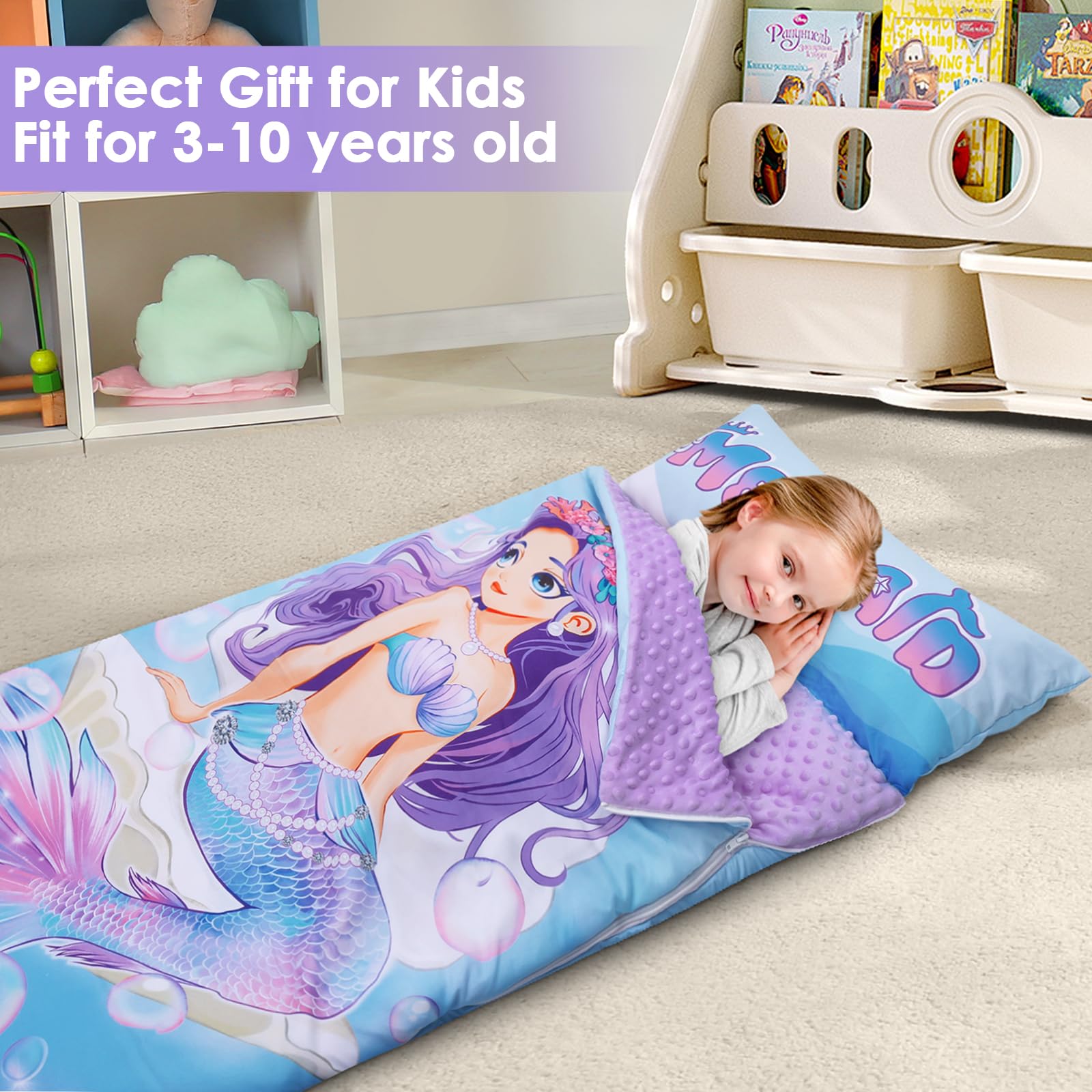Grandi Dimensioni Sacco a Pelo Bambino con Rimovibile Cuscino 170×75cm, Pieghevole Nap Mat Caldo per Bambini Ragazze Ragazzi, Nap Mats con Doppia Cerniera per Campeggio, Scuola Materna e Asilo