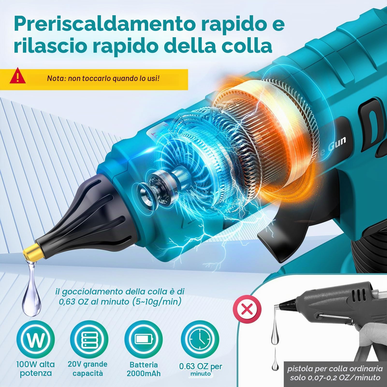 Pistola per Colla a Caldo a Batteria da 100 W Senza Fili con Batteria da 21 V, 2000 mAh con 12 Bastoncini di Colla, Pistola per colla a Caldo per Fai da Te, Artigianato e Riparazioni Rapide
