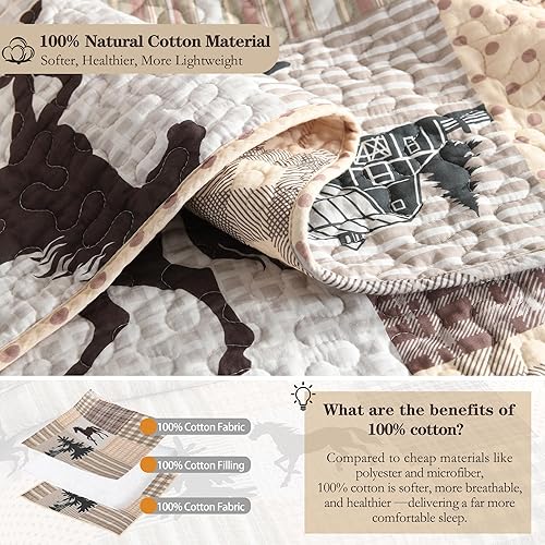Miniatura 4 de Juego de edredón de retazos Queen de 3 piezas, ropa de cama 100% algodón con diseño a cuadros de bosque y caballo, colcha ligera para todas las