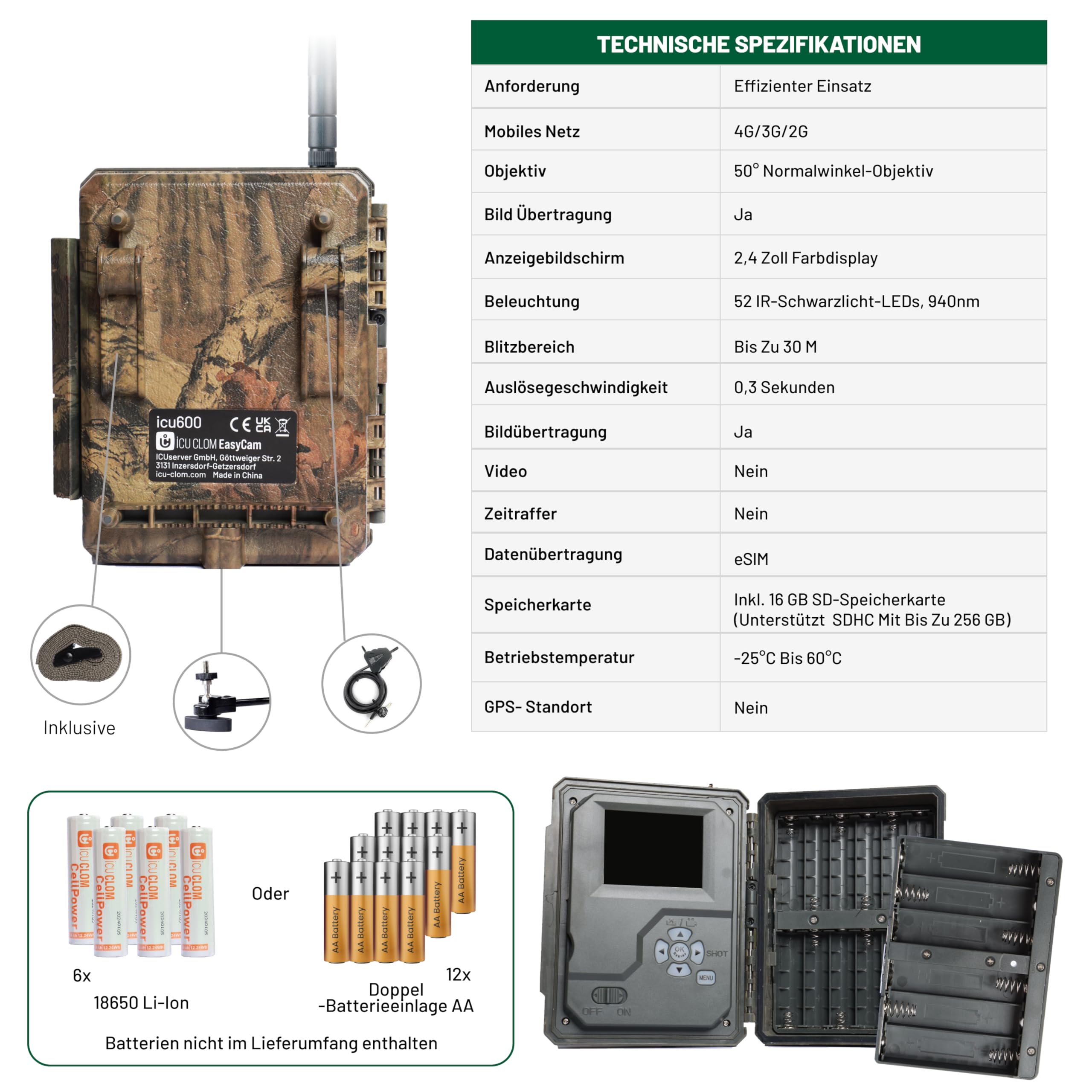 ICU CLOM EasyCam Outdoor Wildkamera – 50° Erfassungswinkel, 16GB SD-Karte, 4G/LTE Verbindung, Bewegungsmelder & App-Steuerung für Jagd & Überwachung