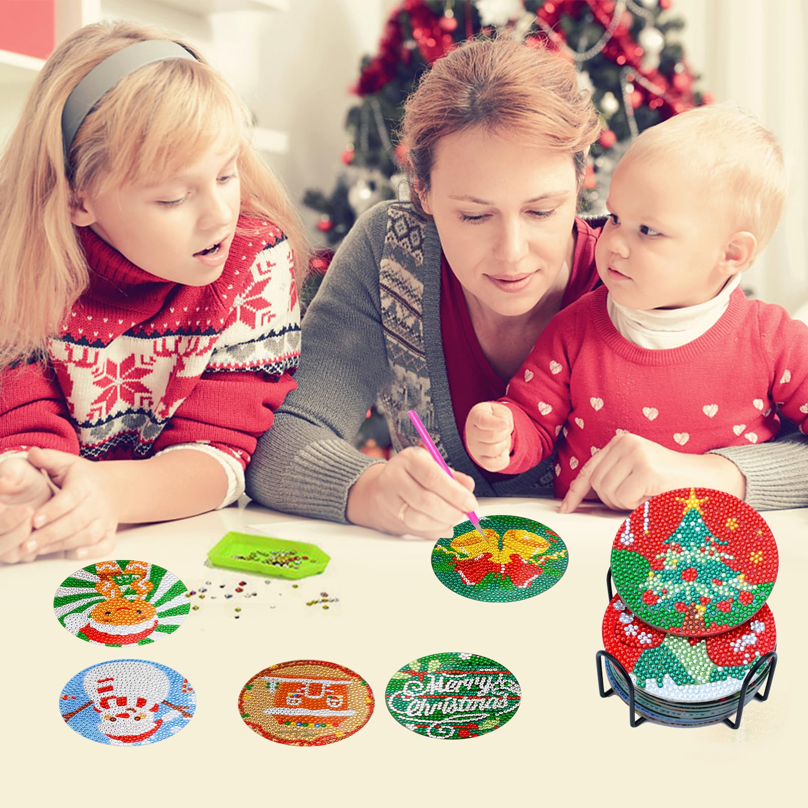 Kit 8 Dessous De Verre Diamond Painting Noël - DIY Père Noël, Elan - Loisir Créatif Adulte