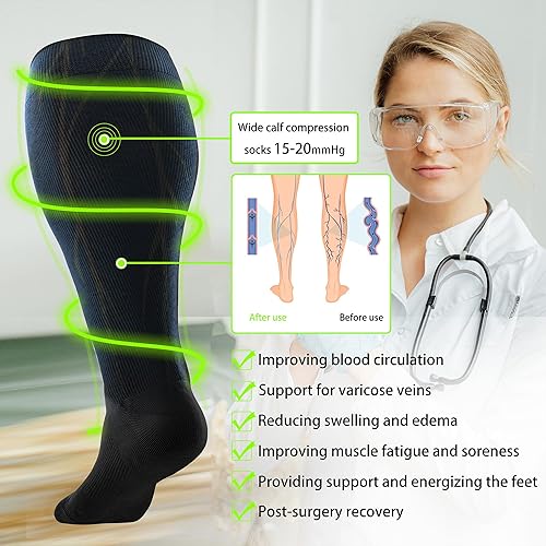 Miniatura 6 de LEVSOX Calcetines de compresión de pantorrilla ancha para mujeres y hombres, talla grande, 15-20 mmHg, hasta la rodilla, medias de gran soporte para