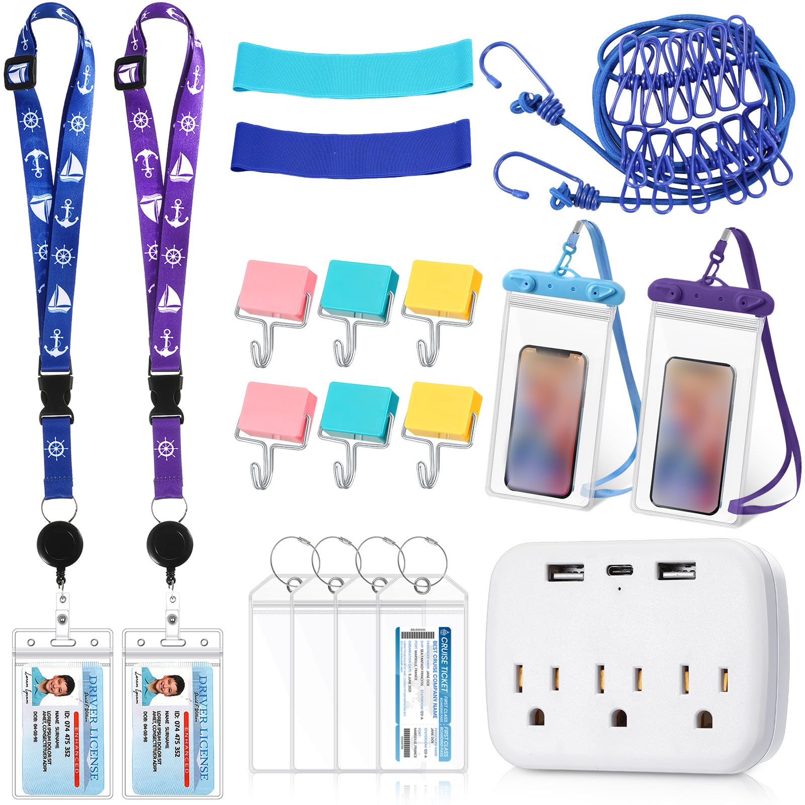 Tenceur 18 pezzi Cruise Essentials Power Strip 6 ganci 2 cordino per carte 4 etichette bagagli 2 borsa telefono 1 stendibiancheria 2 fascia asciugamano