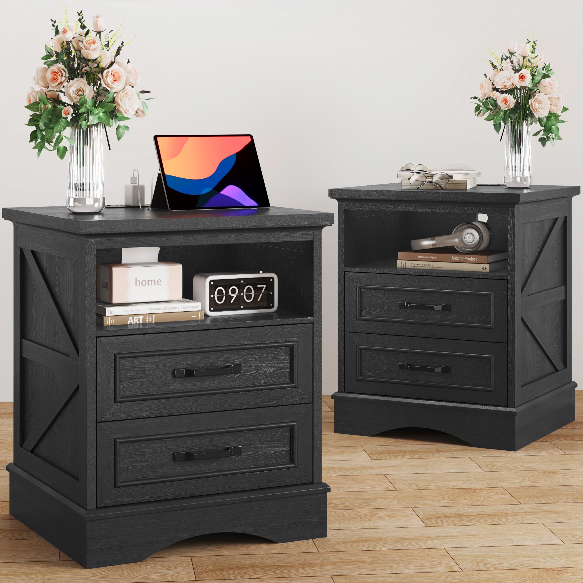 Fluest 24 inch Tall Farmhouse Nightstands Set of 2 with Fast Charging Station