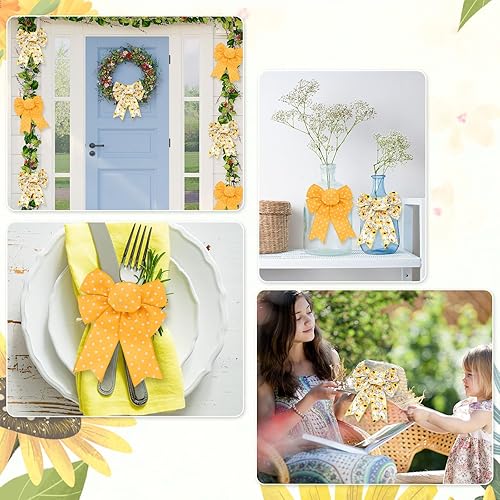 Miniatura 7 de AnyDesign - Cinta de tela con diseño de margaritas y puntos con alambre, color amarillo y blanco, para decoración de fiestas, 2 rollos, 20 yardas