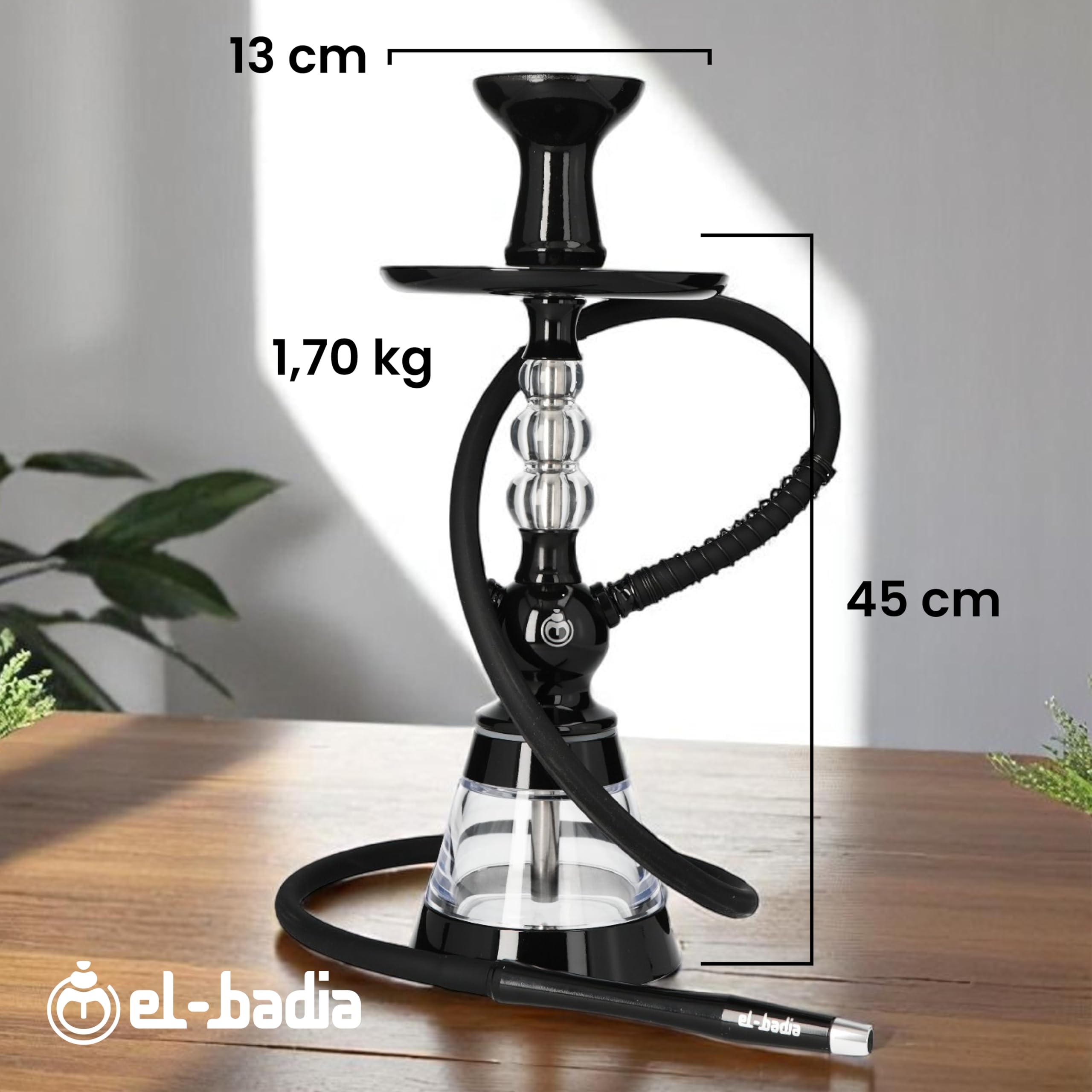 Chicha EL-BADIA® CELESTE – 45 cm – Chicha Légère avec Vase Acrylique, Tuyau Silicone, Manche Métal & Foyer Phunnel – Design Iconique et Couleurs Tendance (Deep Black)