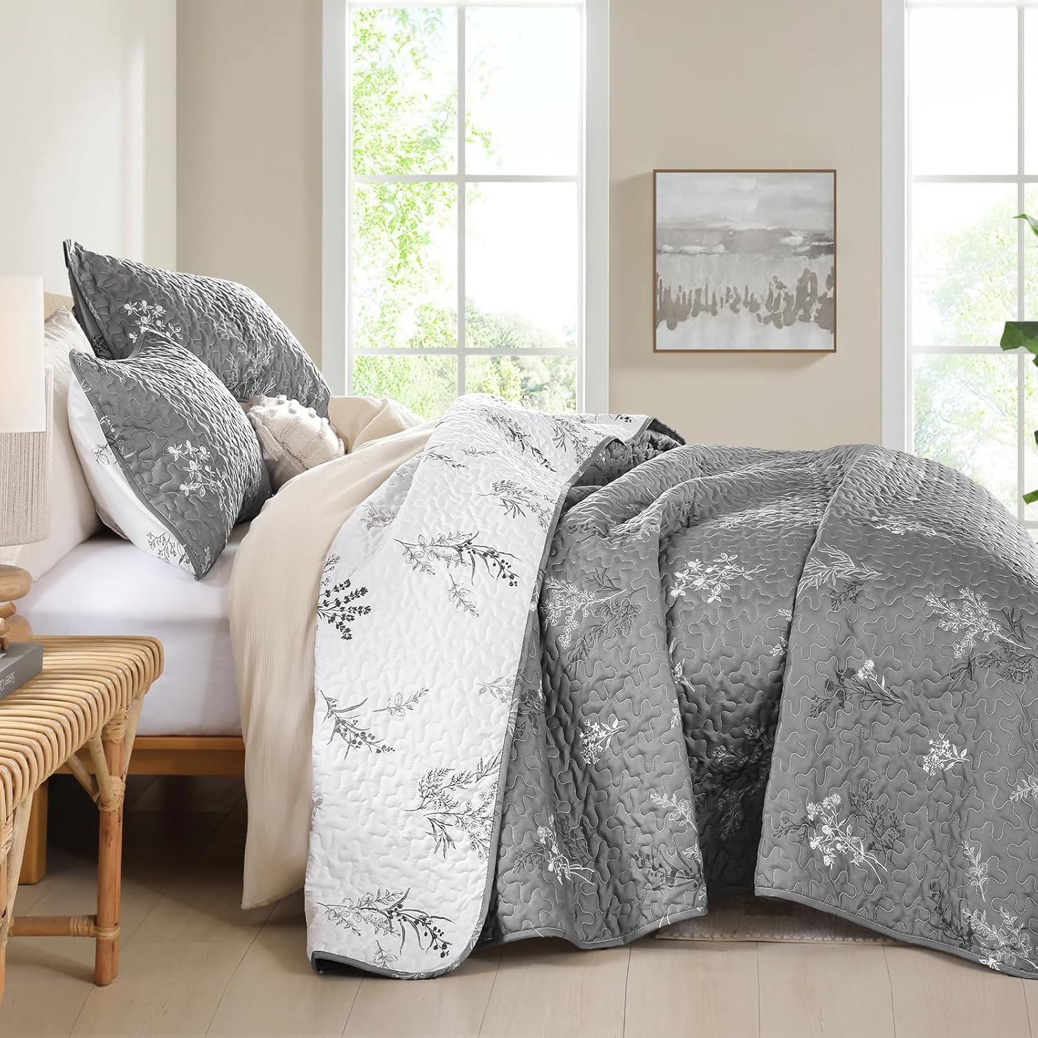 Drucon Grey Quilt Set Queen Size 3 Pieces Branch Botanical Quilt Coverlet Set, Reversible Gray White Leaves Floral Bedspreads, Lightweight Microfiber Bedding Set with 2 Pillow Cases - Image 3