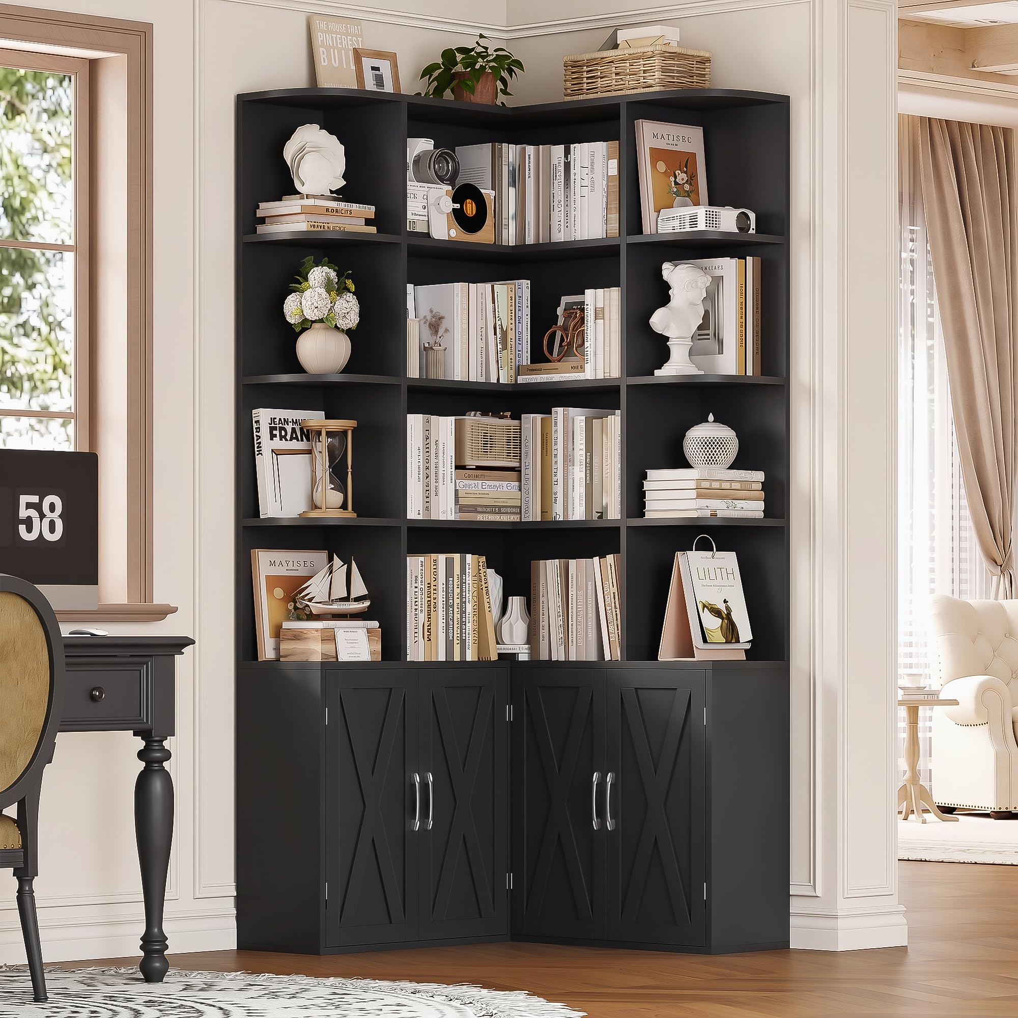 FirFurd 187cm Estantería Esquina, 4 Puertas 12 Compartimientos Negro | Estantería Libros de 5 Niveles alta Estantería Esquina, Grande Mueble Almacenaje para Salón, Oficina, Estudio 187Al.x80x80cm