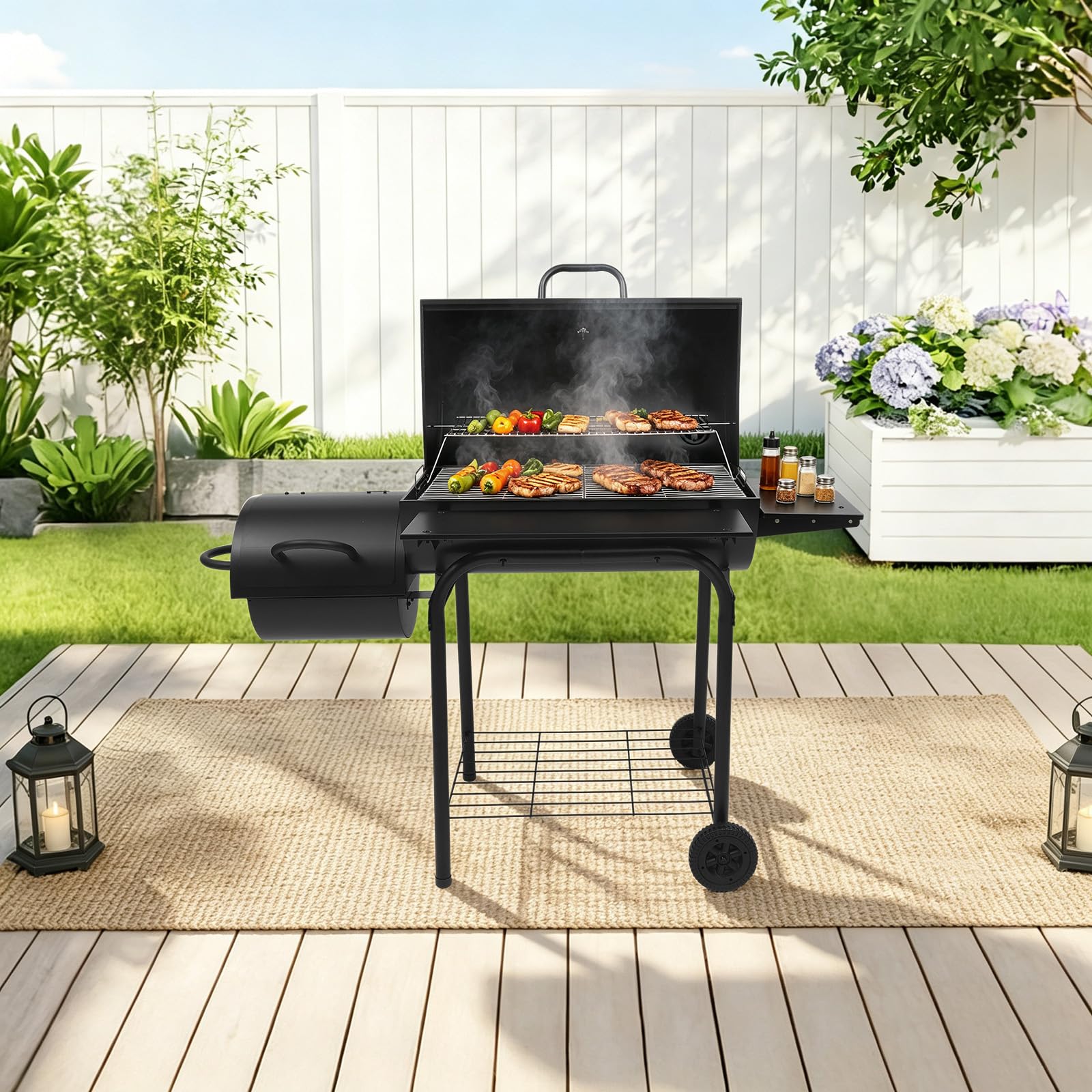 Barbecue a Carbonella con Affumicatore Laterale, Griglia 73x42 cm, Nero | Con termometro sul coperchio, camino, 3 griglie, ripiani portaoggetti e ruote; per giardino, terrazza e campeggio