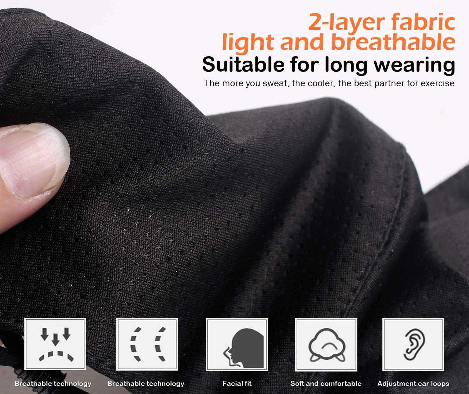 Borgasets Breathable Face Mask for Men Women Youth Black Adjustable Reusable Comfort Sport Mask Full Washable Safety Exercise Face Masks for Gym Home Office Work Outdoors Black 2 Pack : Sports & Outdoors