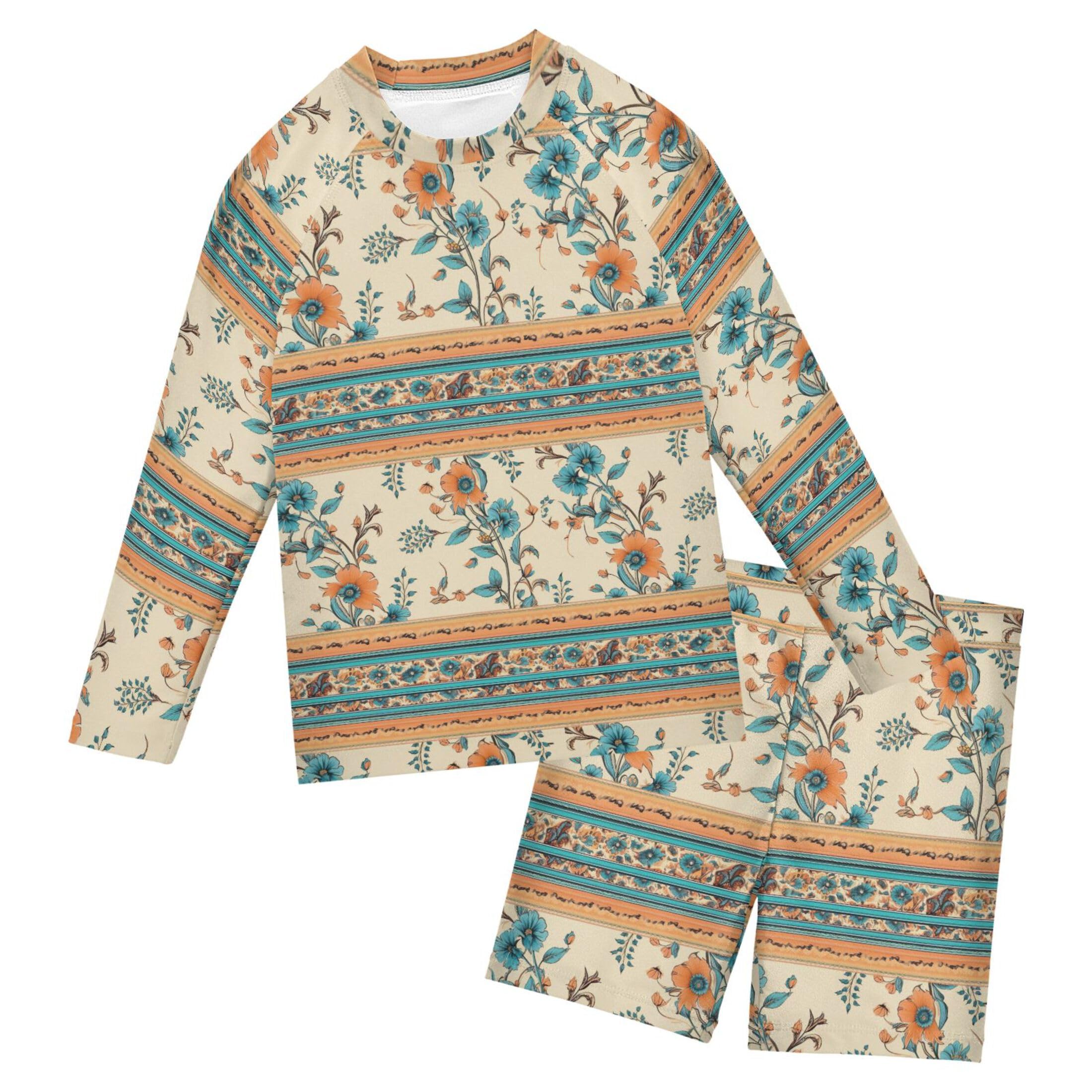 Boho Bohemian Flowers Boys Rash Guard Swimsuits Set for Boys Long Sleeve Swim Shirts Bathing Suits B0402730