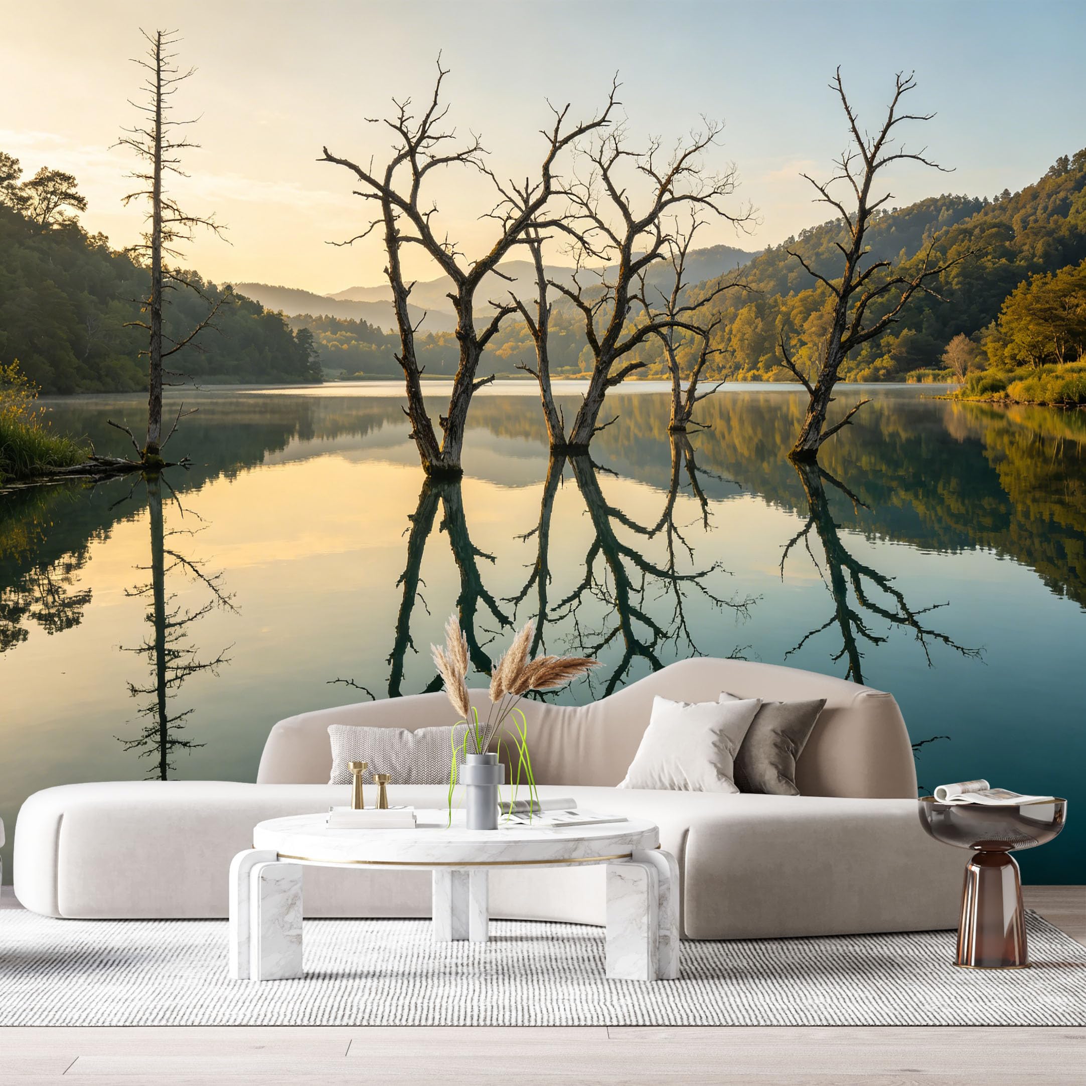 Custom Size Wall Murals Serene Lake Landscape Reflected Trees Misty Mountains Sunrise View SelfAdhesive Wall Fabric Removable Large Wallpaper for Photo Living Room