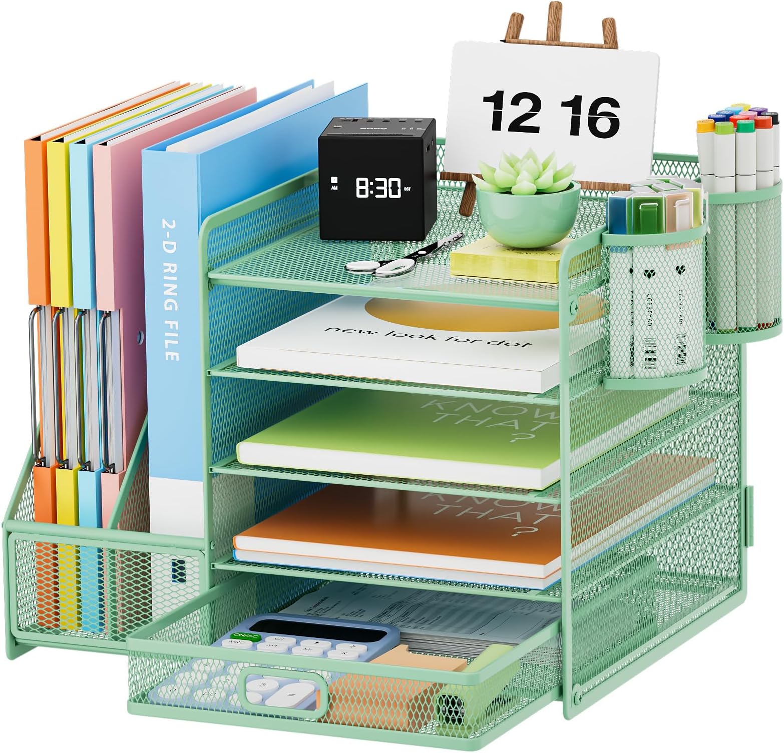 – Marbrasse Desk Organiser File Holder,5-Tier Paper Letter Tray Organiser with Drawer,2 Pen Holder,Mesh Desktop Storage with Magazine Holder for Office Supplies(Green)