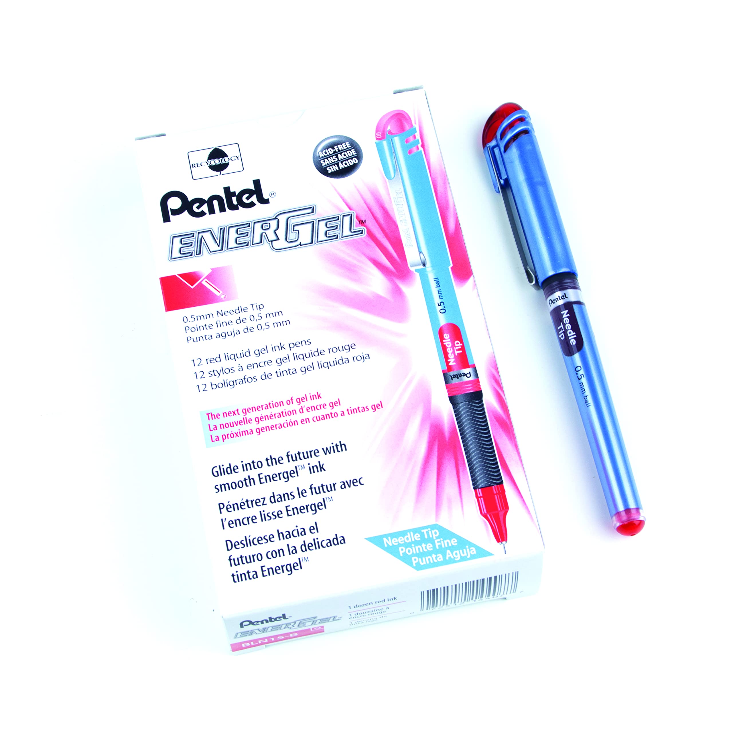Pentel EnerGel Liquid Gel Rollerball Pen with Cap to Protect Pockets, Everyday Writing, Office Supplies, School Supplies, 0.5mm, Fine Needle Point, Blue Barrel, Red Ink, BLN15-B, Box of 12